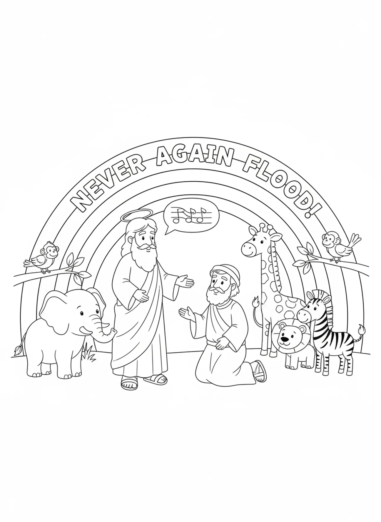 Gott verspricht Noah mit einem Regenbogen, Barmherzigkeit Gottes Malvorlage für Kinder im Alter von 5-10 Jahren