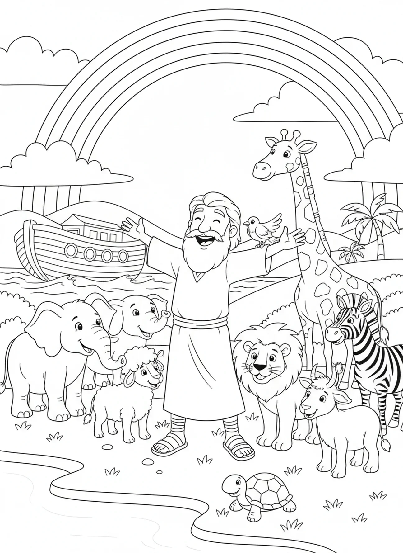 Noah bewundert den Regenbogen, Barmherzigkeit Gottes Ausmalbild für Kinder im Alter von 5-10 Jahren