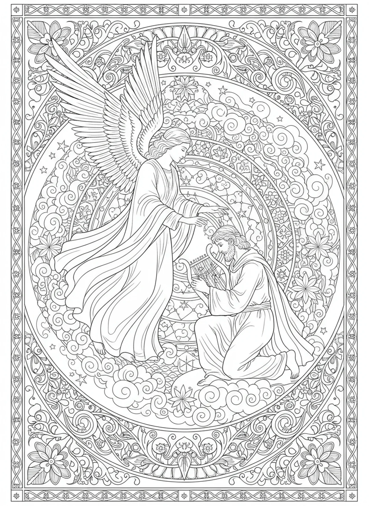 Anjo aparecendo a Davi, página para colorir de harpa no estilo de journaling bíblico para adultos.