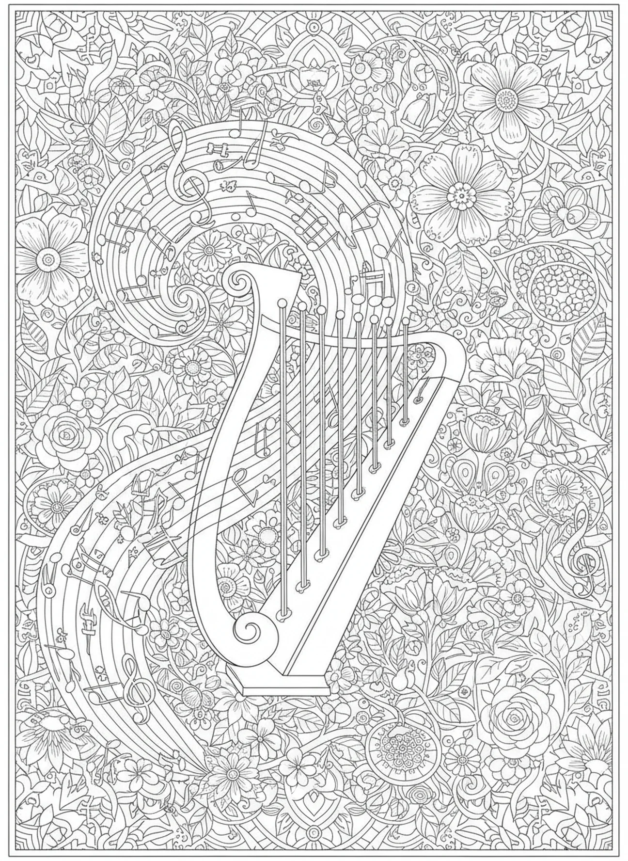 Notas musicais cercando Davi, página para colorir de harpa no estilo de diário bíblico para adultos.
