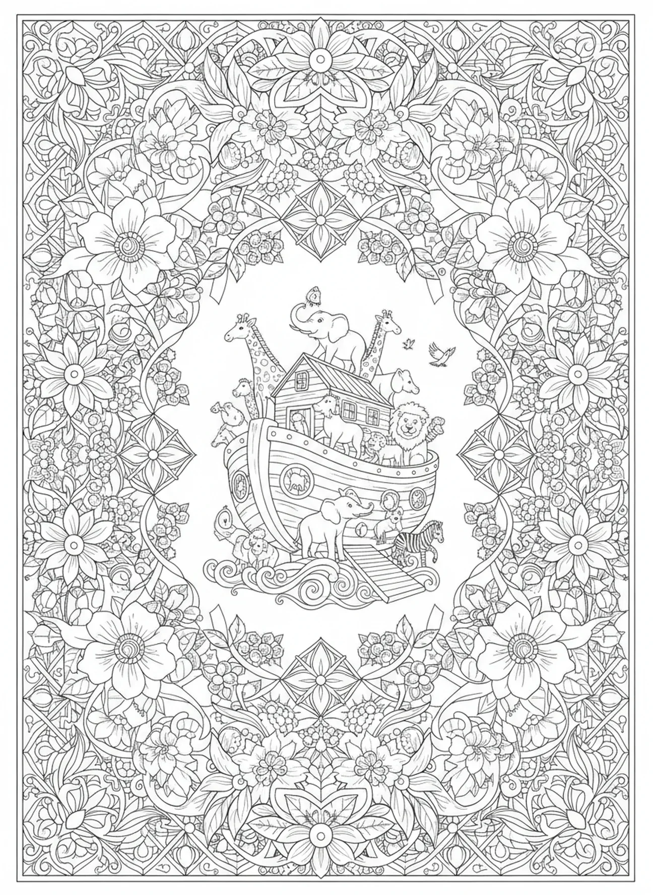 Animais saindo alegremente da arca, página de colorir Flores da Bíblia para adultos no estilo de journaling bíblico.