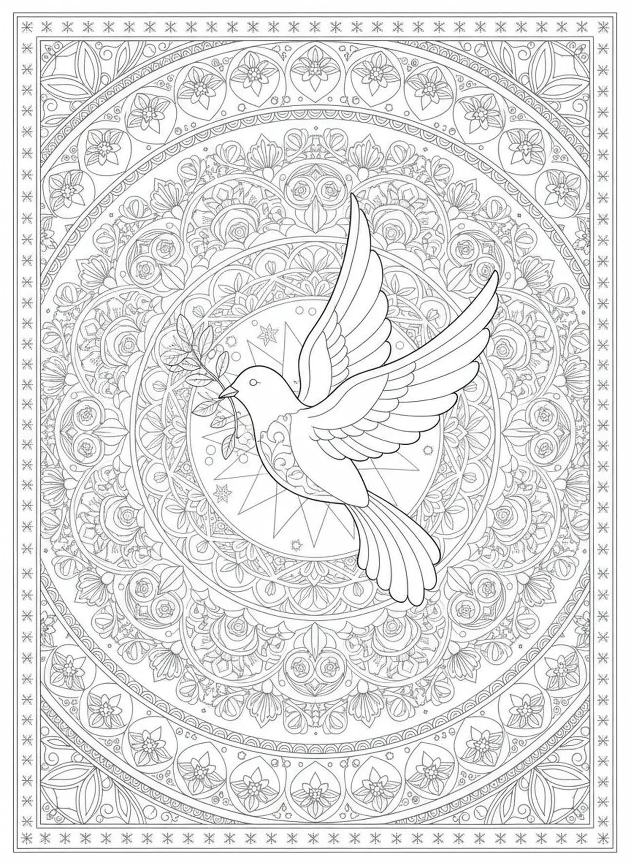 Pomba carregando ramo de oliveira, página para colorir Flores da Bíblia no estilo de journaling bíblico para adultos.