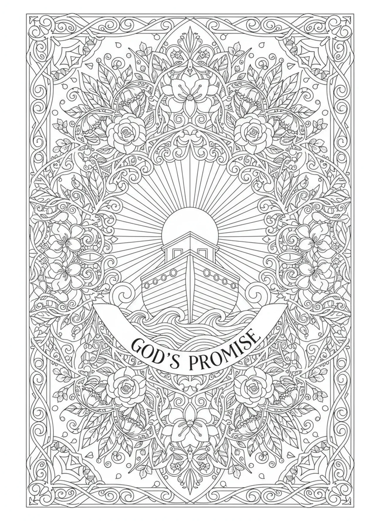 Arca com sol e chuvas, página de colorir Flores da Bíblia para adultos no estilo de journaling bíblico.