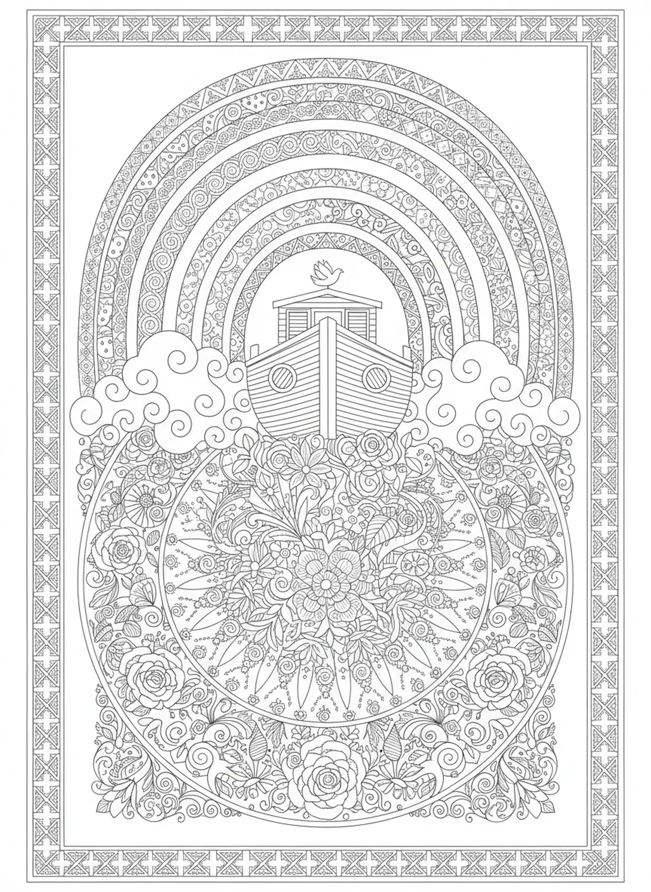 Arca sob um arco-íris intricado, página de colorir Flores da Bíblia para adultos no estilo de journaling bíblico.
