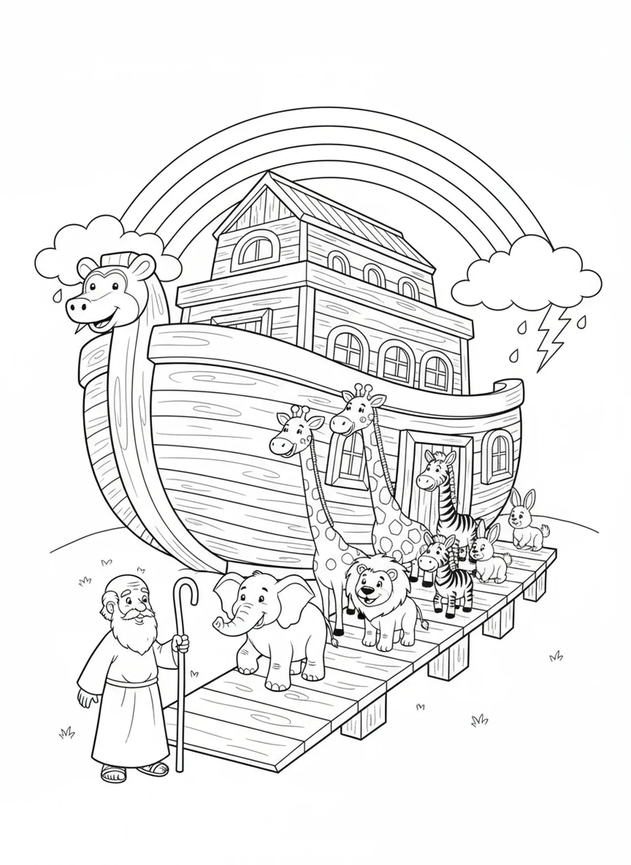 Paires d'animaux en dessin animé montant à bord de l'arche, page à colorier Bible Fleurs pour les enfants de 5 à 10 ans