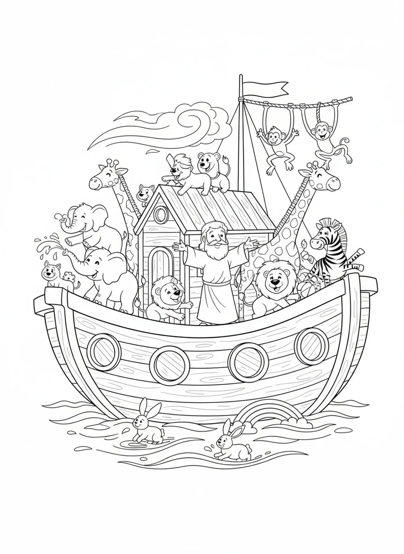 Animaux jouant joyeusement sur l'arche, page à colorier Bible Fleurs pour enfants de 5 à 10 ans