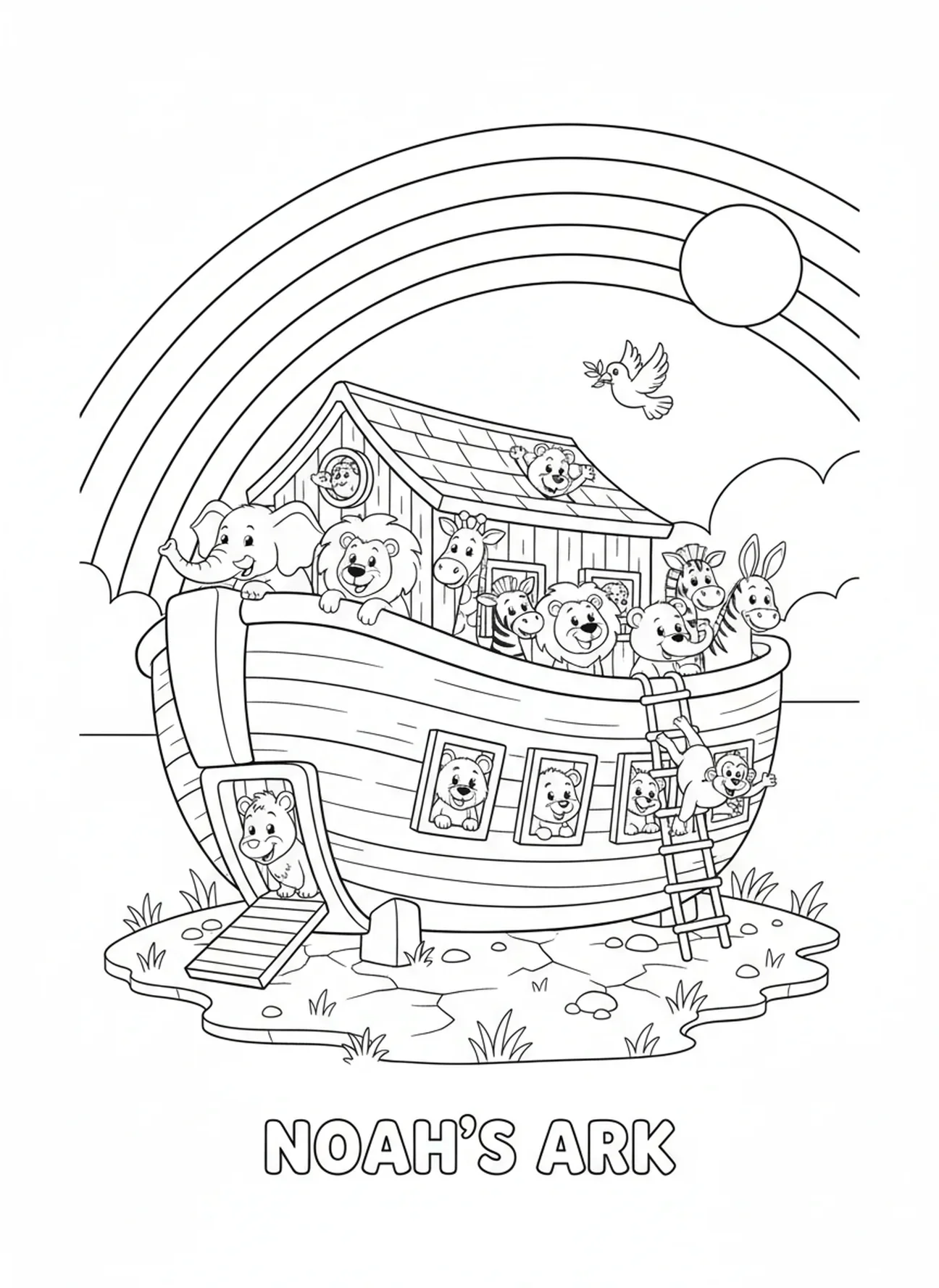 Arc-en-ciel au-dessus de l'arche avec des animaux, page à colorier Bible Fleurs pour enfants de 5 à 10 ans
