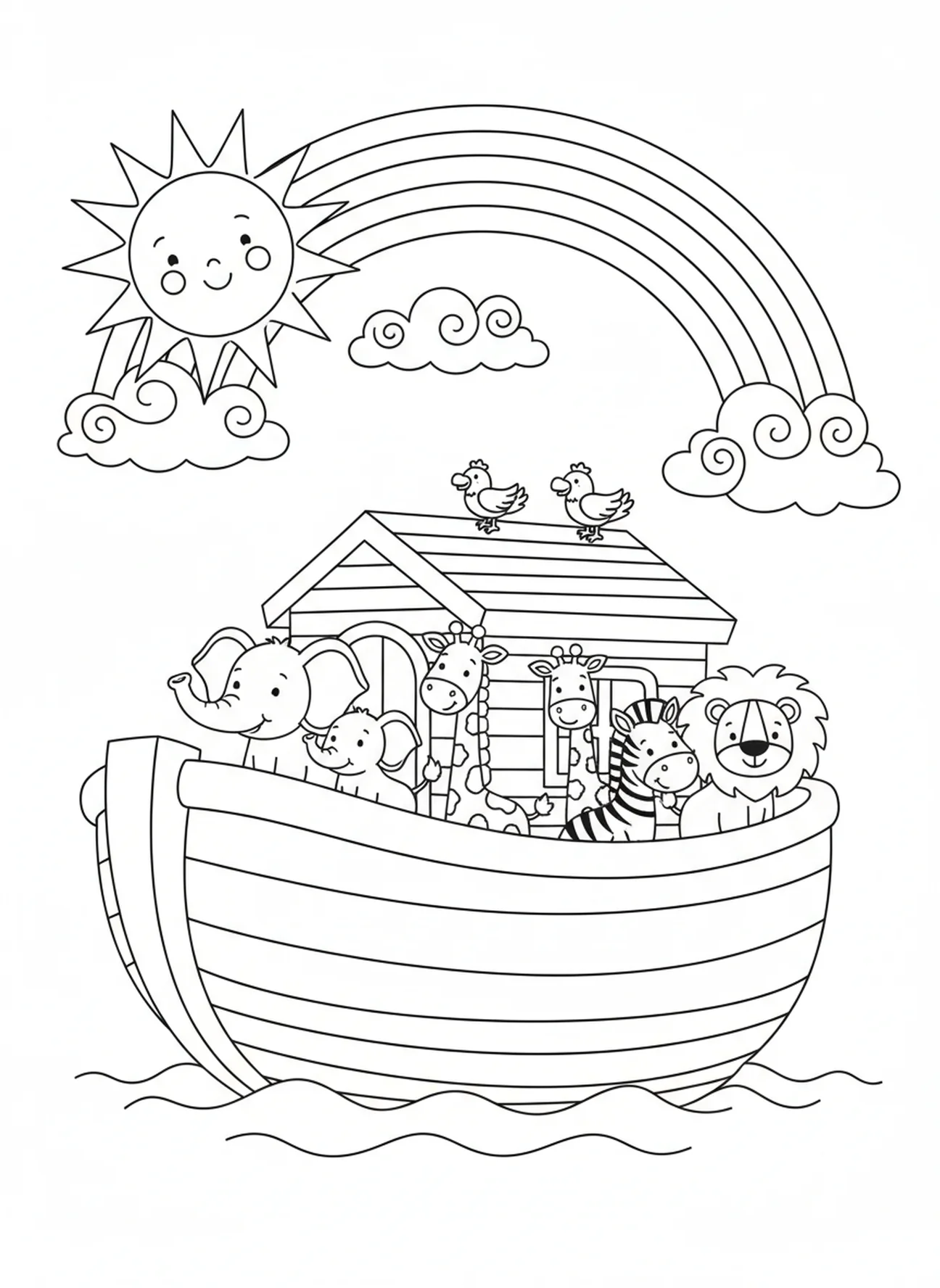 L'arche voguant sur l'eau sous le soleil, page à colorier Bible Fleurs pour les enfants de 5 à 10 ans