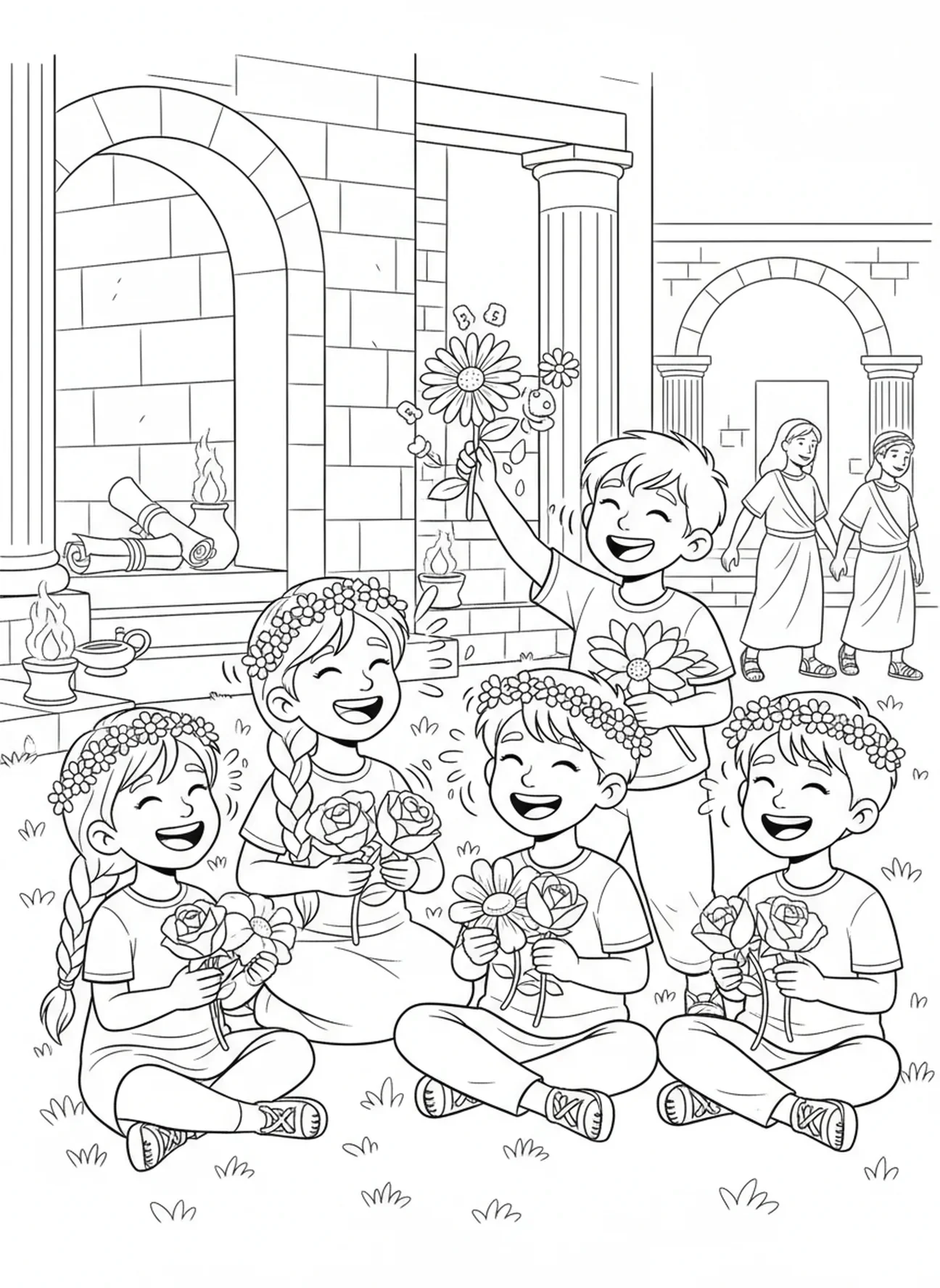 Enfants fabriquant des couronnes de fleurs, page à colorier sur les fleurs de la Bible pour les enfants de l'École du dimanche âgés de 5 à 12 ans