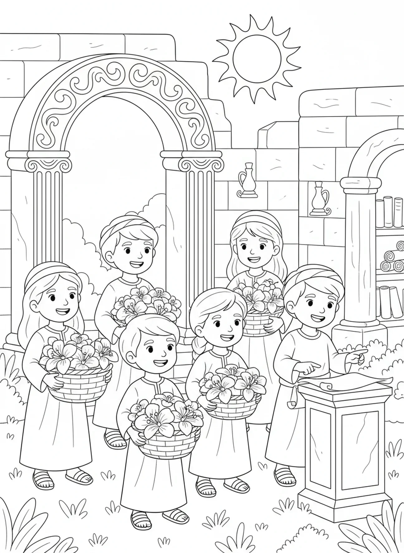 Enfants cueillant des fleurs, page à colorier sur les fleurs de la Bible pour les enfants de l'École du dimanche âgés de 5 à 12 ans