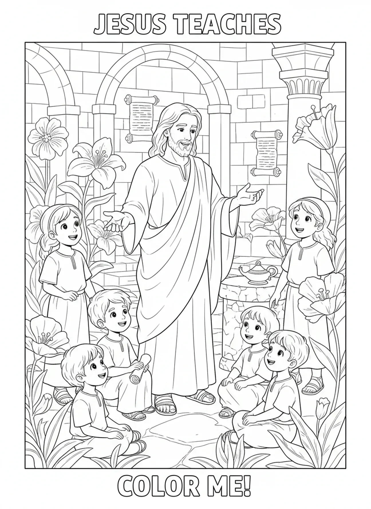 Jésus enseignant aux enfants sur les fleurs, page à colorier sur les fleurs de la Bible pour les enfants de l'École du dimanche âgés de 5 à 12 ans