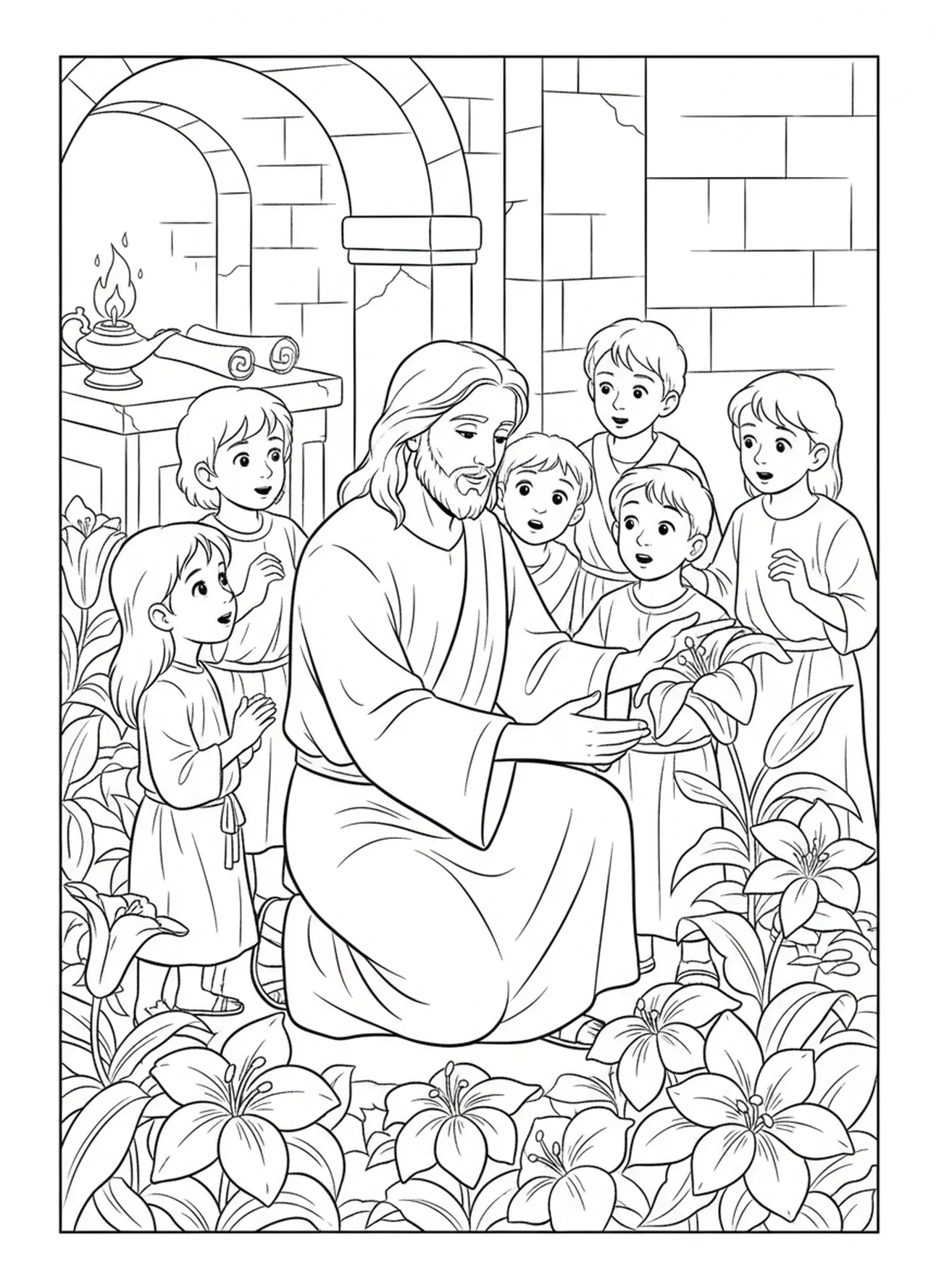 Jésus avec des fleurs, page à colorier sur les fleurs de la Bible pour les enfants de l'École du dimanche âgés de 5 à 12 ans