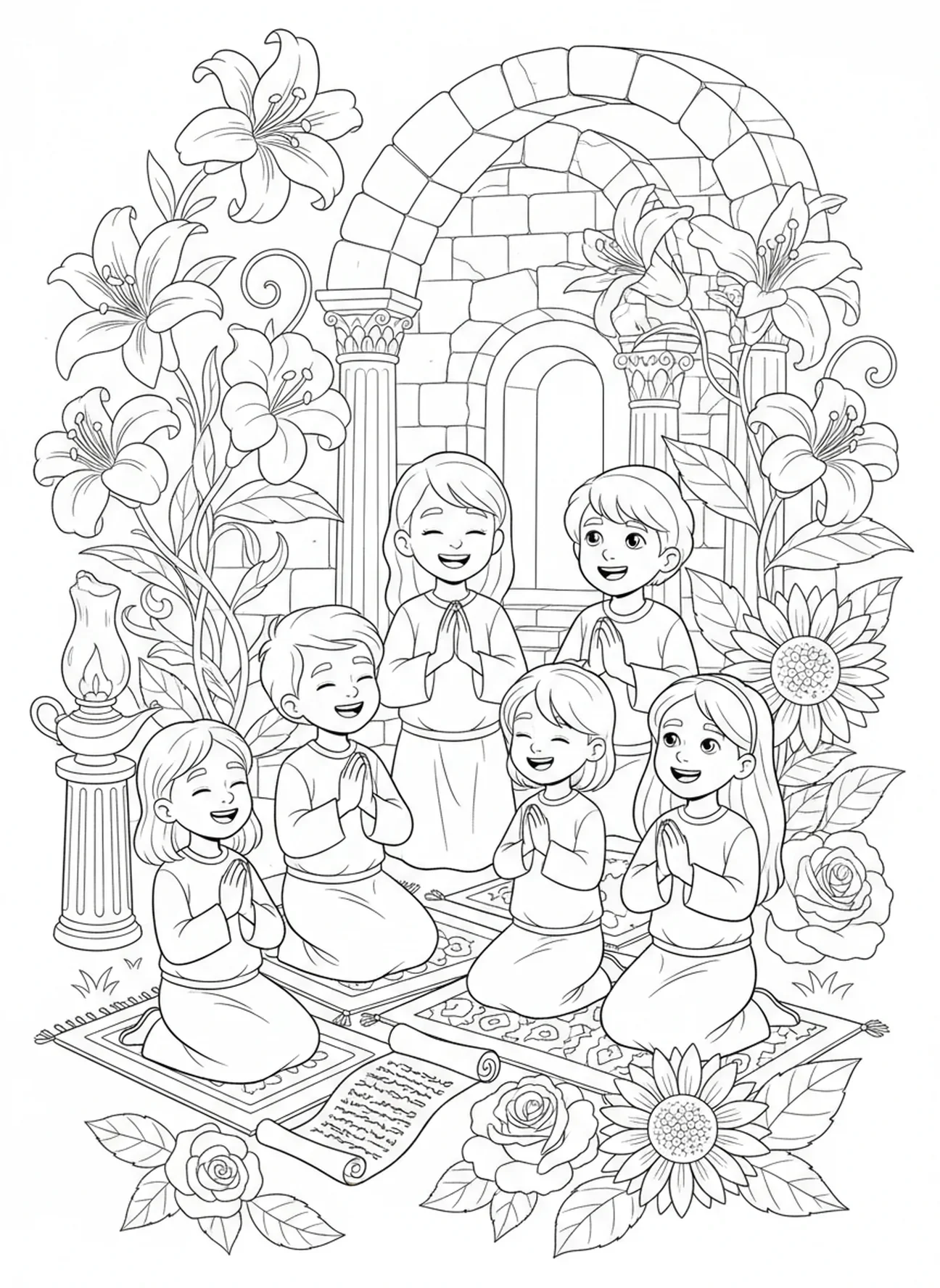 Enfants priant pour des fleurs, page à colorier Biblique sur les fleurs pour les enfants de l'École du dimanche âgés de 5 à 12 ans