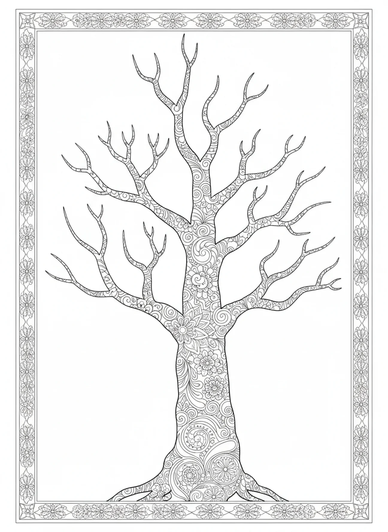 Karge Äste eines Feigenbaums, Ausmalbild Feigenbaum für Erwachsene im Stil des Bibel-Journaling.