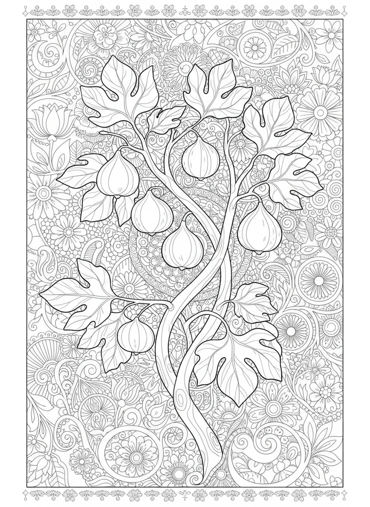 Fruchtbare Zweige des Feigenbaums, Ausmalbild Feigenbaum für Erwachsene im Stil des Bibel-Journalings.