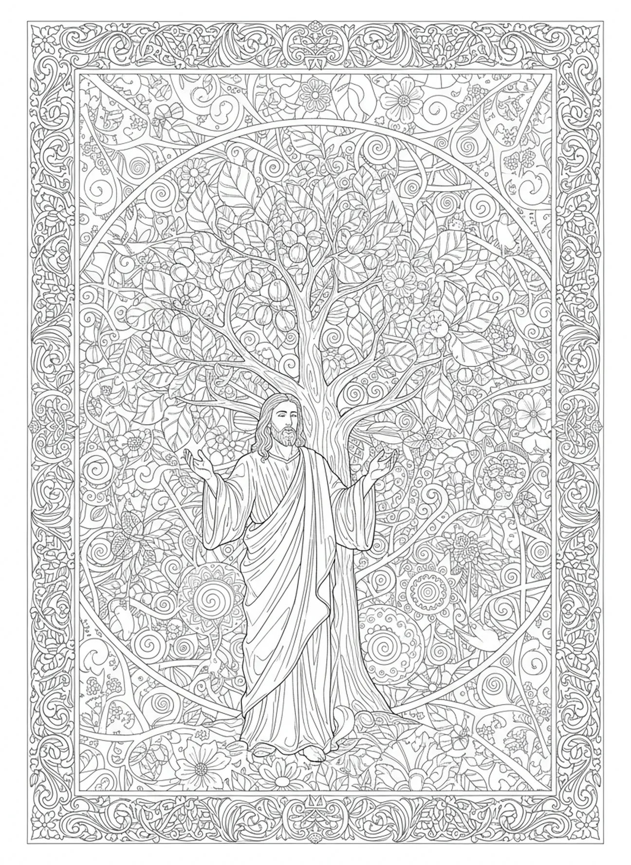 Jesus segnet den Feigenbaum, Ausmalbild für Erwachsene im Bibel-Journaling-Stil.