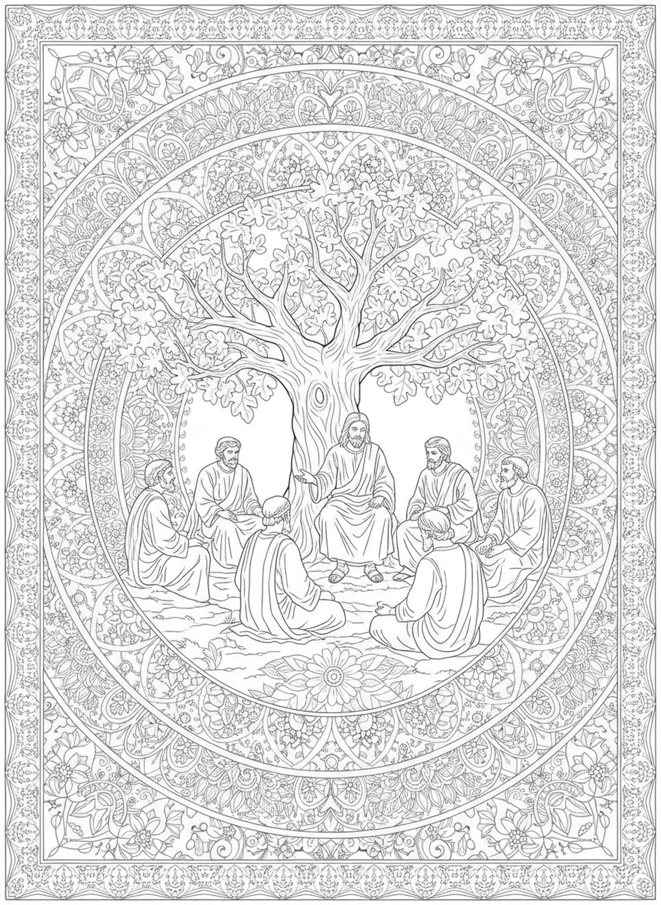 Jesus lehrt seine Jünger unter einem Feigenbaum, Ausmalbild für Erwachsene im Stil des Bibeljournalings.