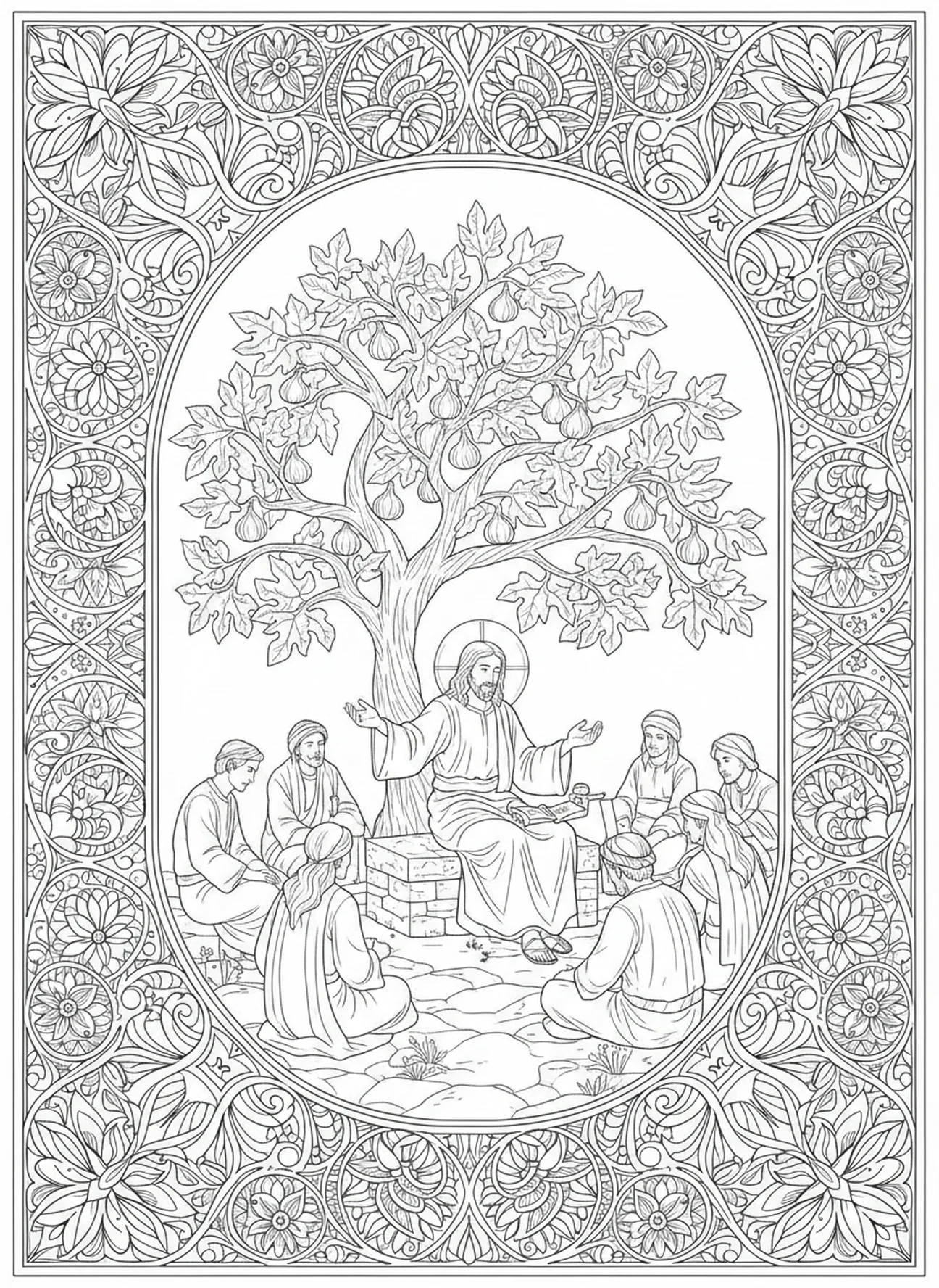 Jesus erzählt Gleichnisse am Feigenbaum, Ausmalbild für Erwachsene im Bibel-Journaling-Stil.