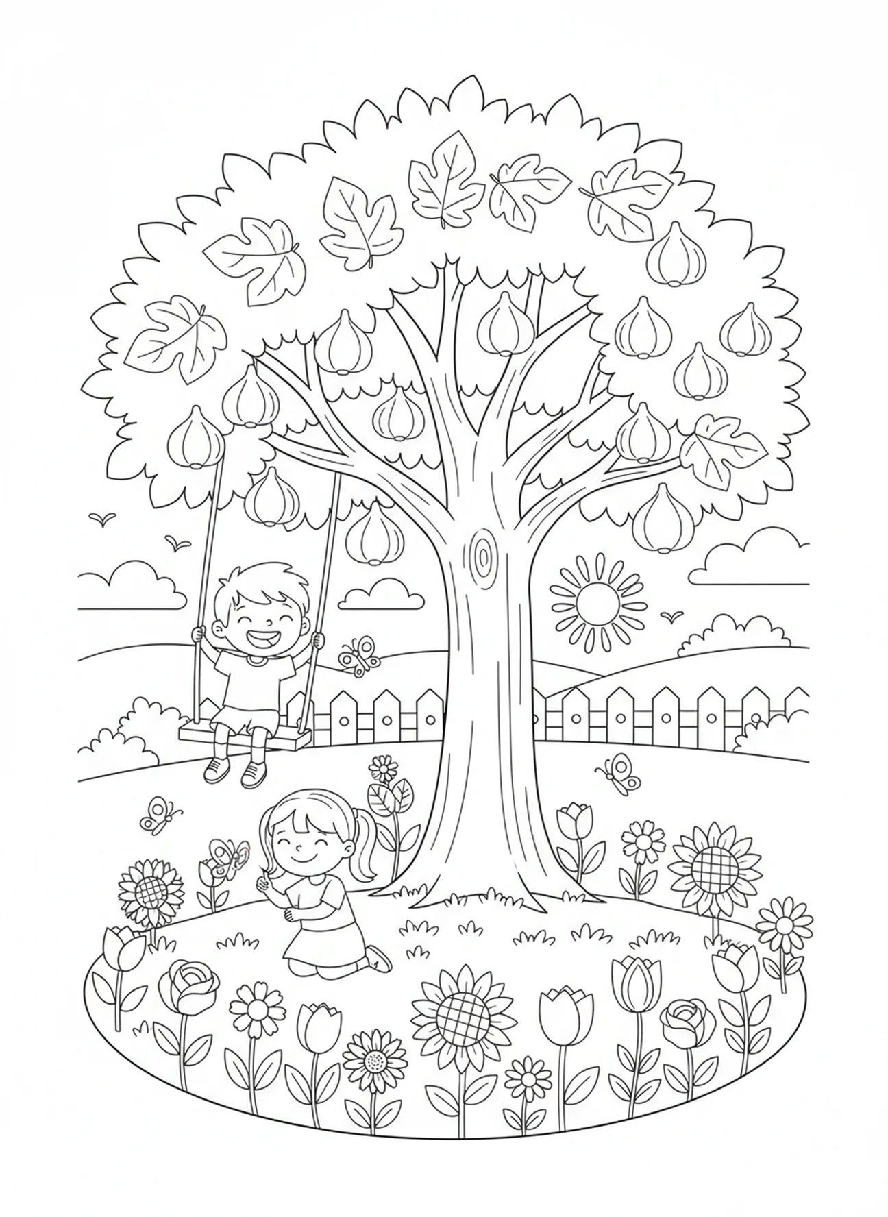 Kinderen spelen bij een vijgenboom in een tuin, Vijgenboom kleurplaat voor kinderen van 5-10 jaar