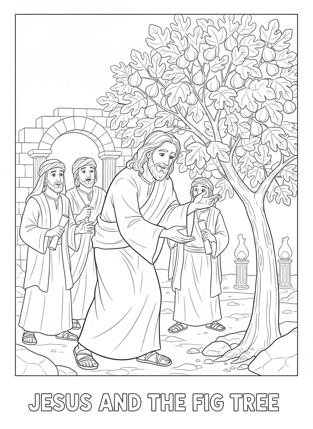 Jesus inspecionando a figueira, página para colorir sobre a figueira para crianças da Escola Dominical de 5 a 12 anos