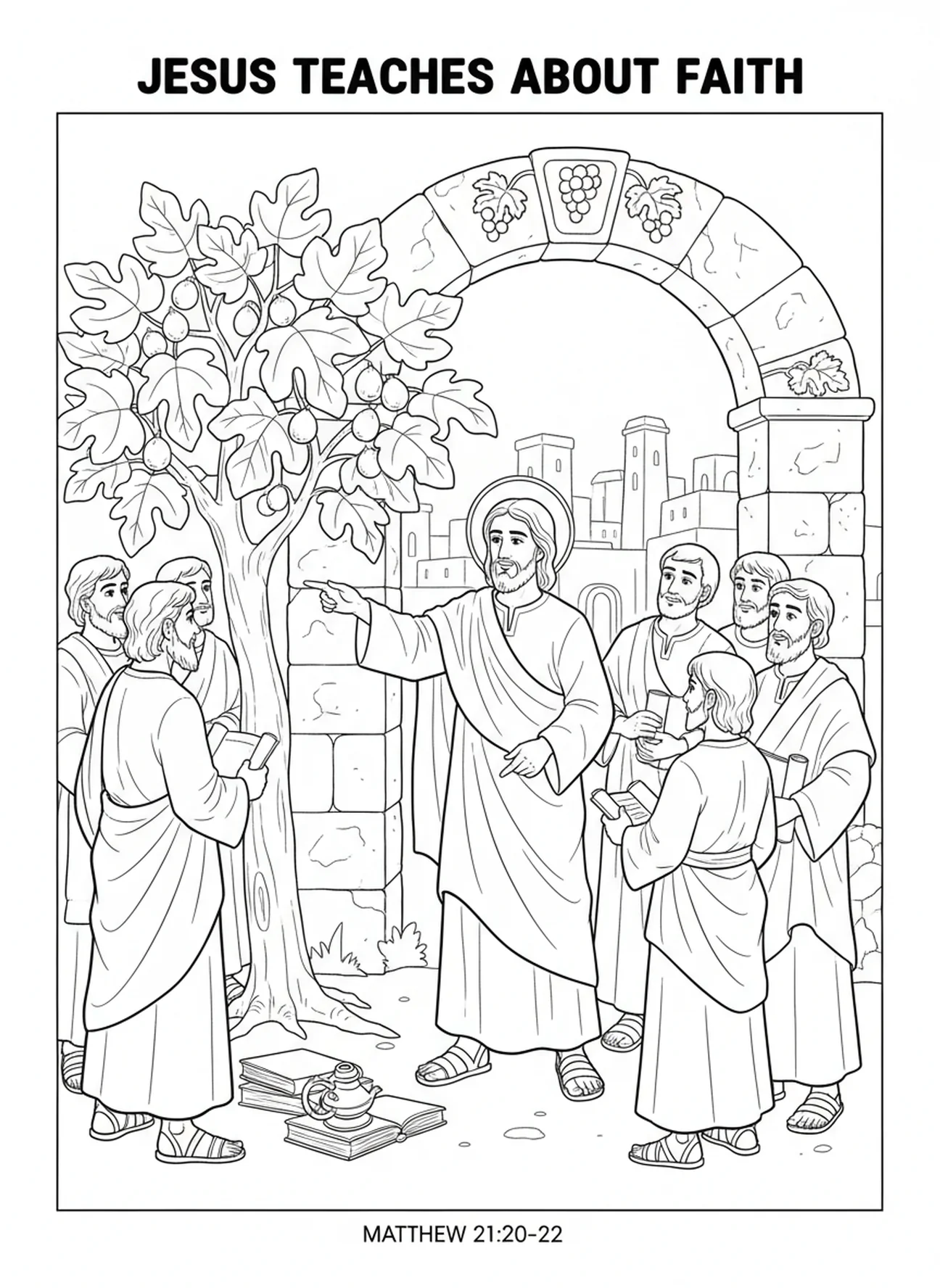 Jesus ensinando os discípulos sobre fé, página para colorir da Figueira para crianças da Escola Dominical de 5 a 12 anos