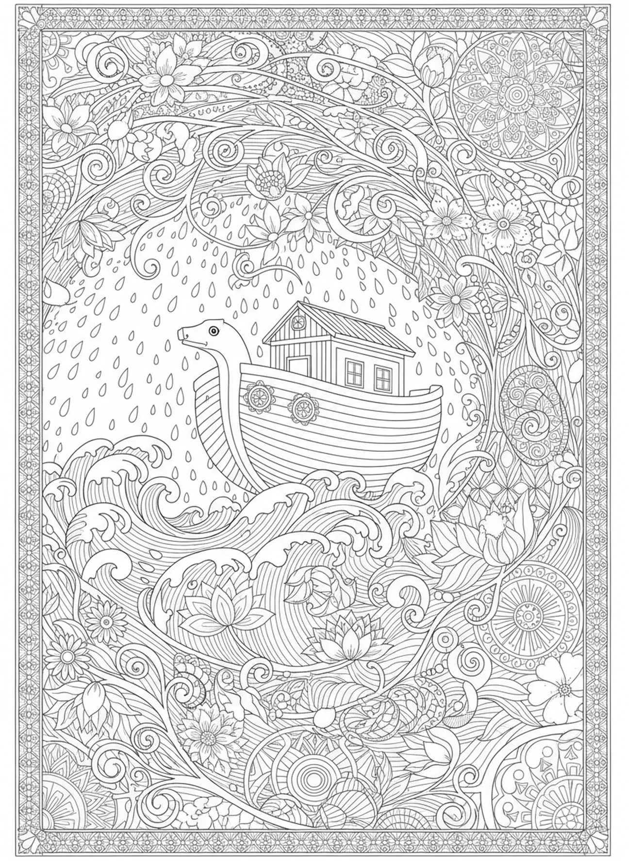 L'arche de Noé sous une tempête de pluie, page à colorier sur la paix avec une branche d'olivier pour le journal biblique des adultes