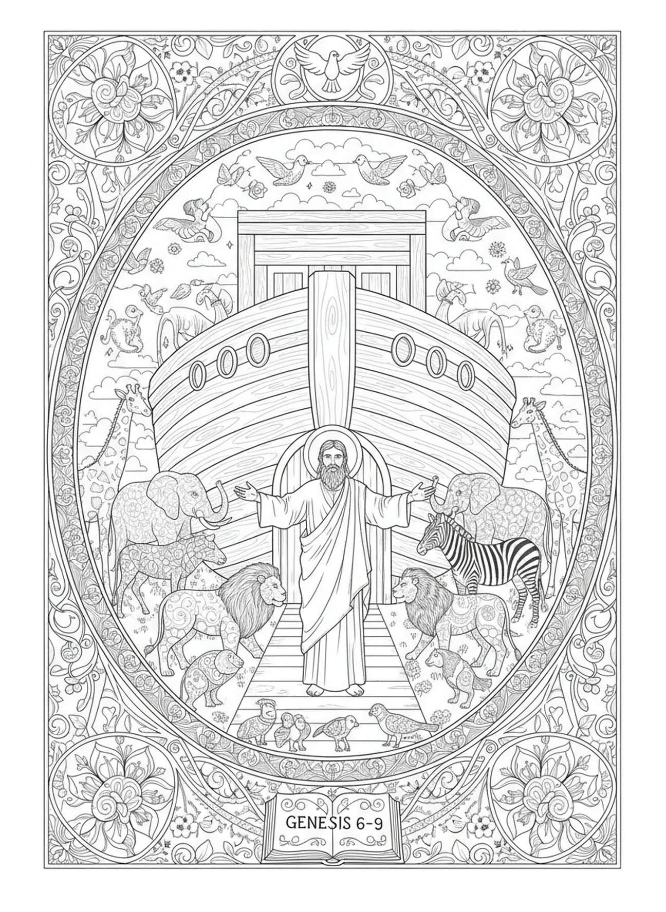 Noé avec des paires d'animaux, page à colorier Branche d'Olivier Paix pour adultes dans le style du journal biblique