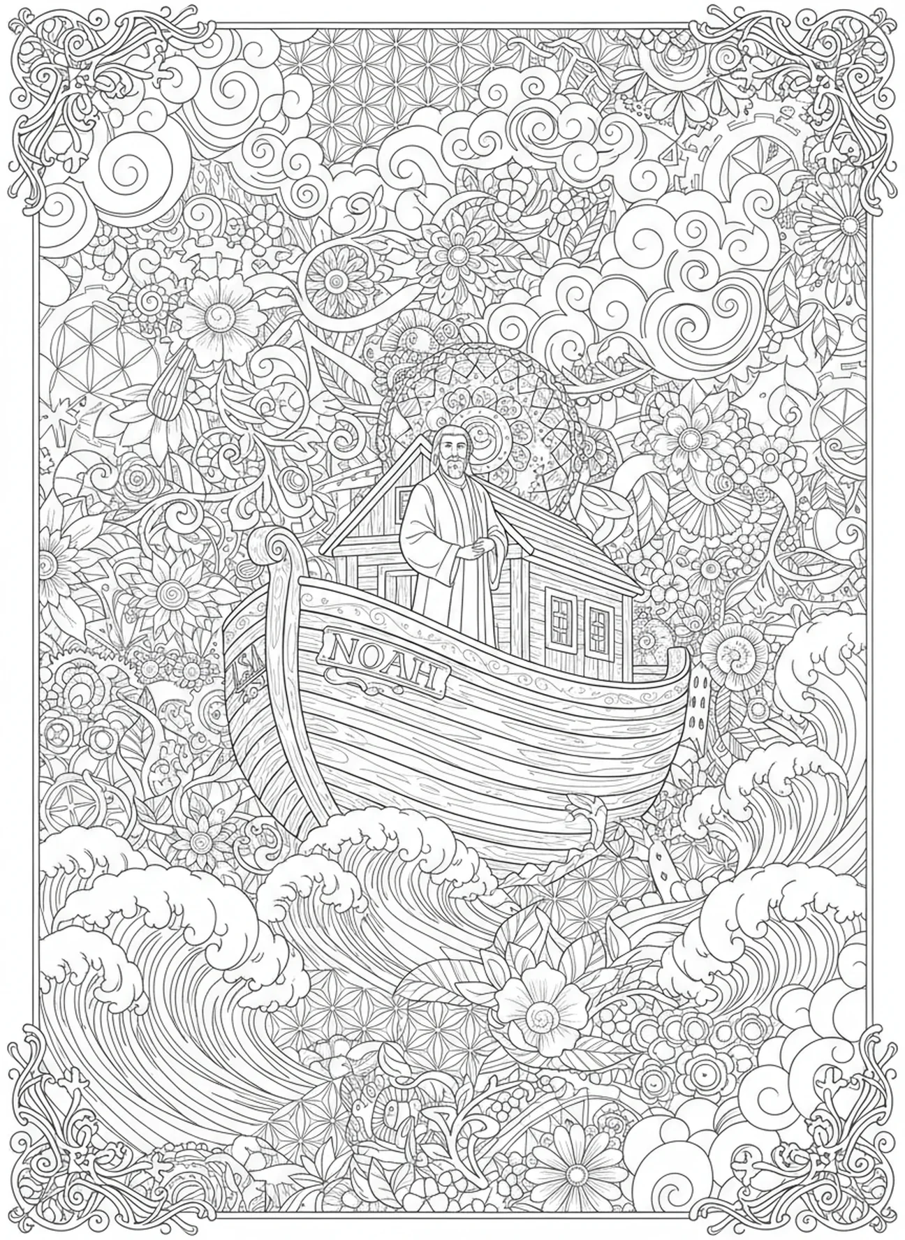 Noé sur une arche ornée, page à colorier Branche d'Olivier Paix pour adultes dans le style du journal biblique