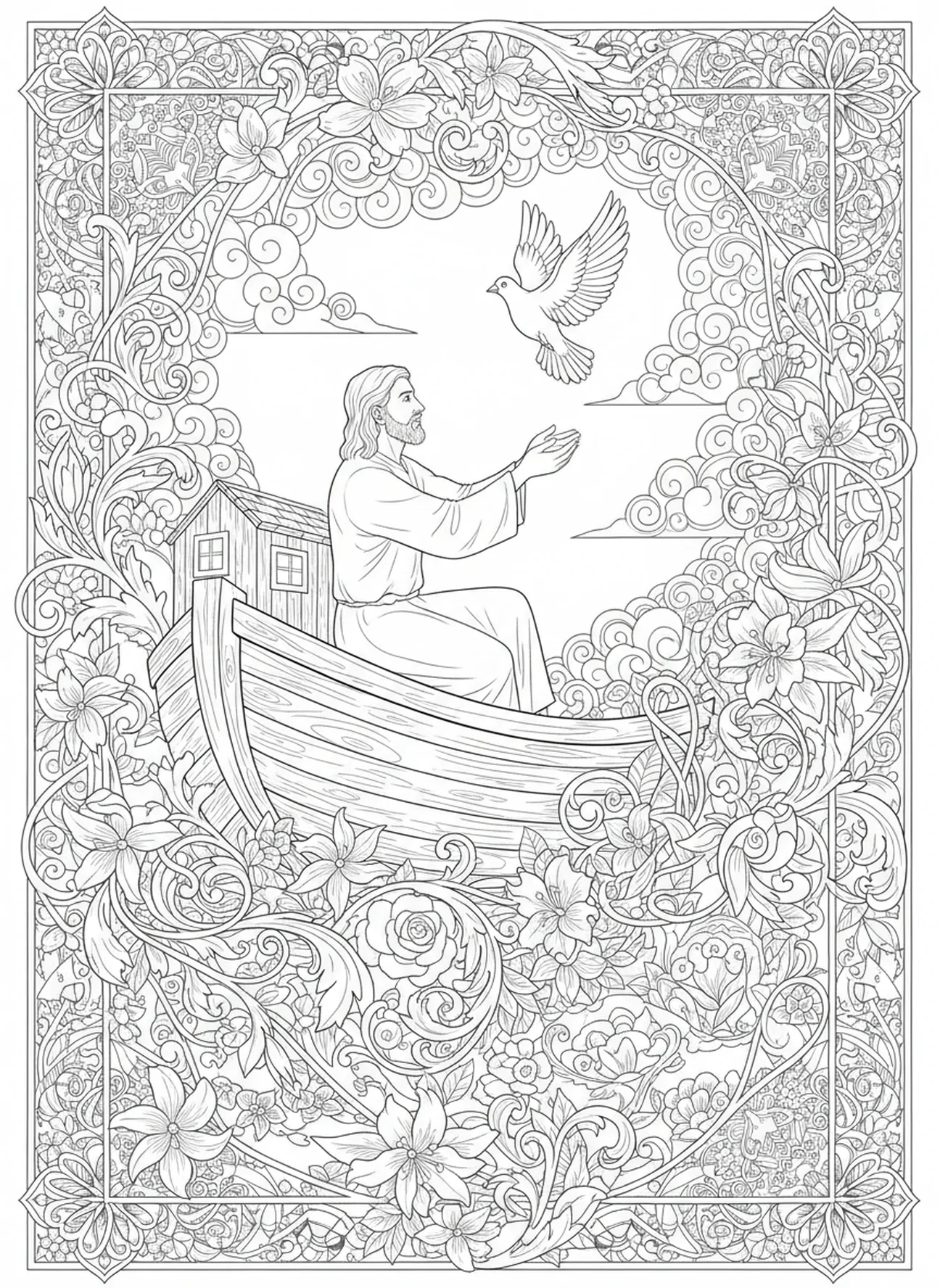 Noé libérant une colombe, page à colorier sur la paix avec une branche d'olivier pour le journal biblique des adultes