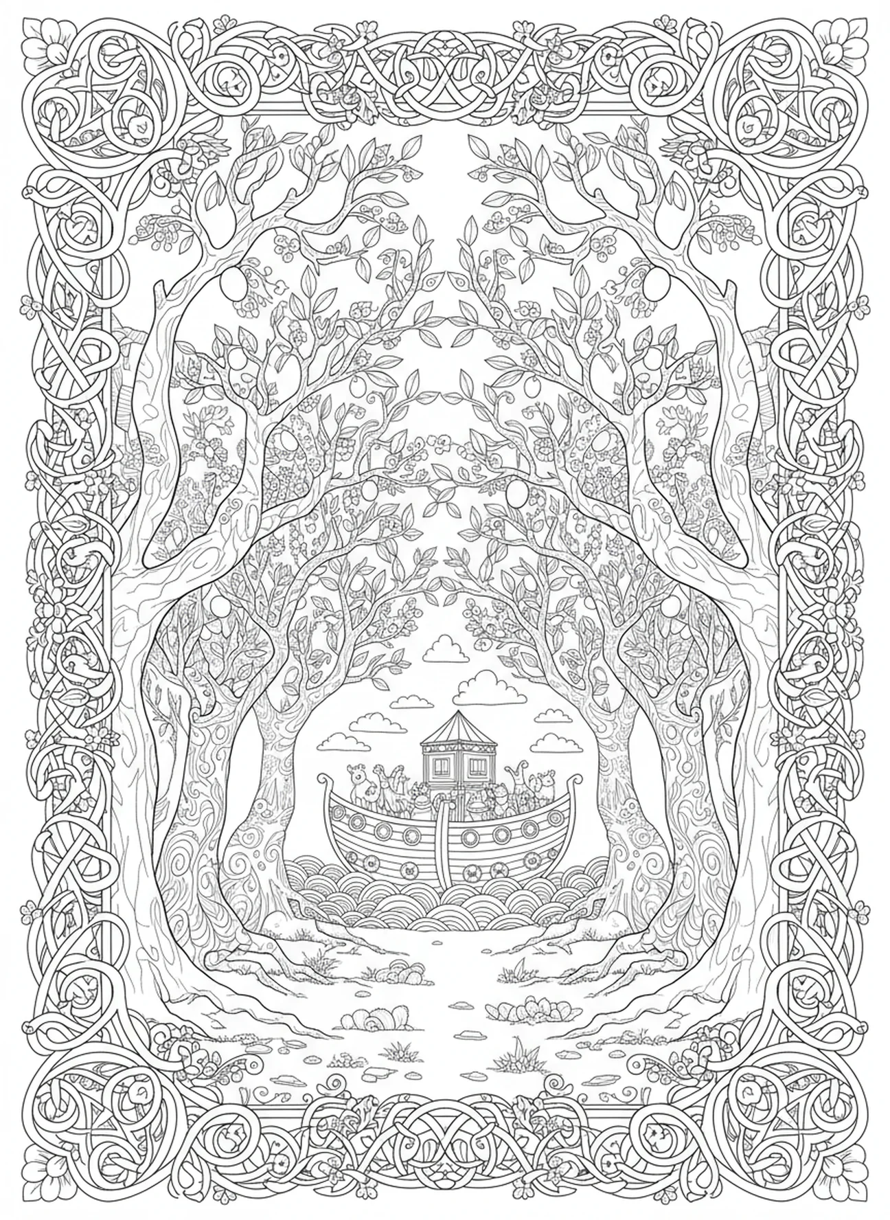 Verger d'oliviers avec l'arche de Noé, page à colorier sur la paix avec une branche d'olivier pour le style de journal biblique pour adultes
