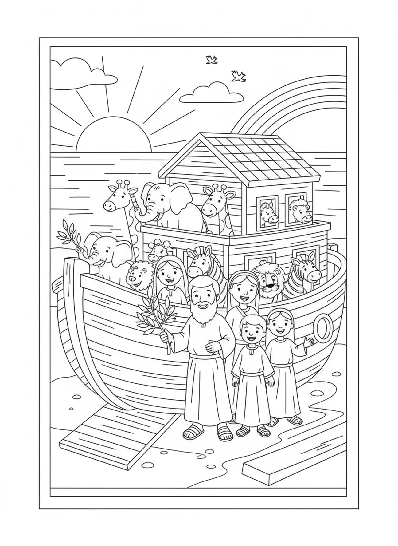 Noah und Familie mit Olivenzweig, Ausmalbild Frieden mit Olivenzweig für Kinder im Alter von 5-10 Jahren