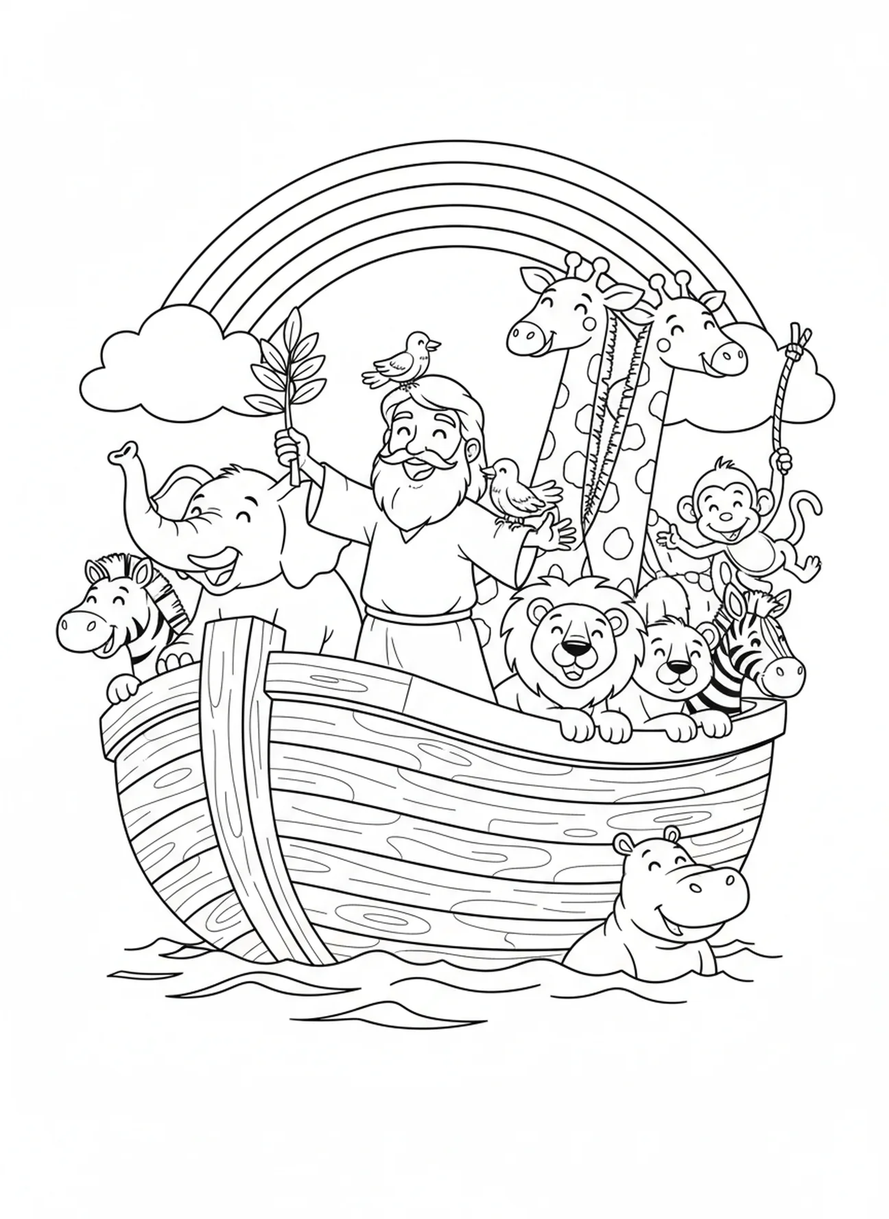 Noah feiert mit Tieren, Ausmalbild zum Thema Friedenszweig für Kinder im Alter von 5-10 Jahren