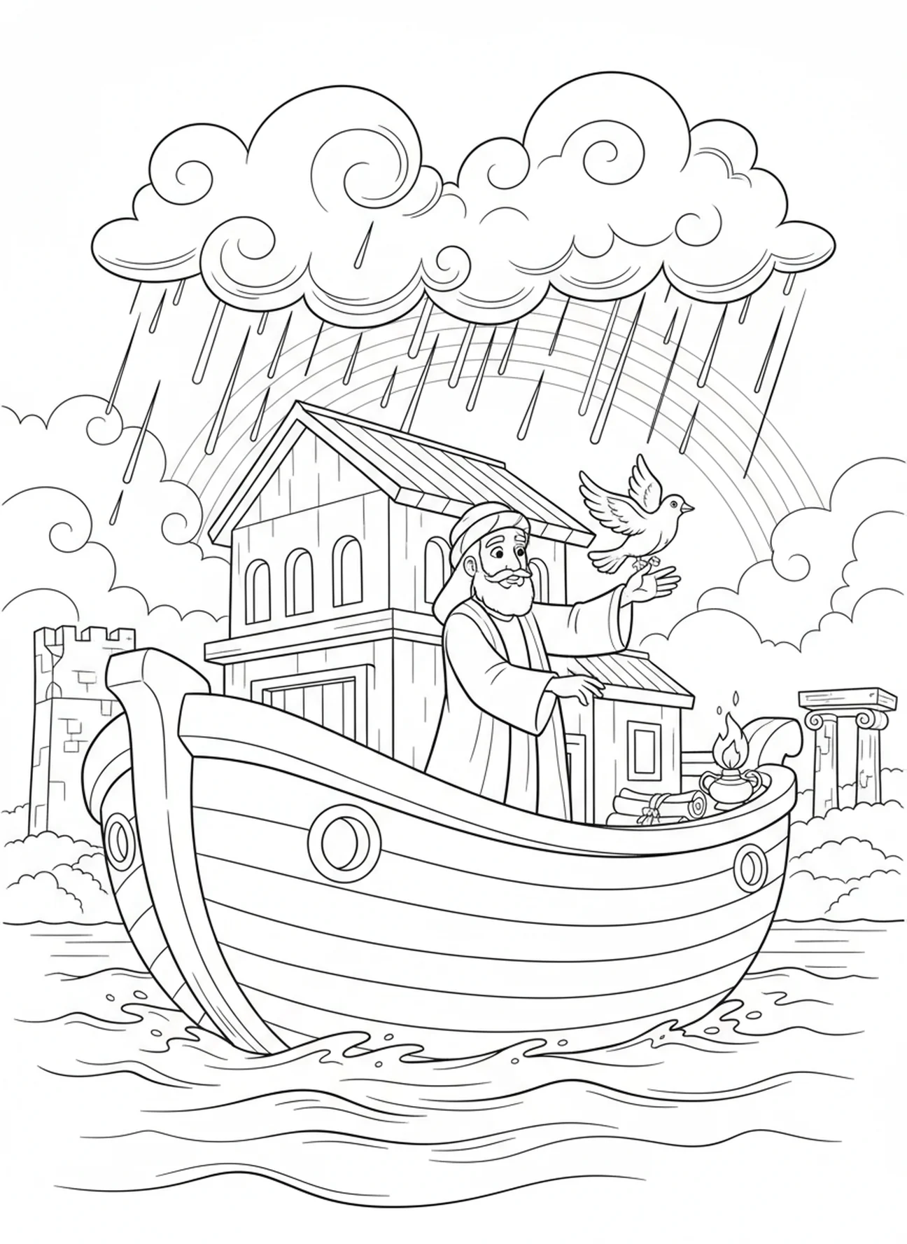 Noah, der eine Taube freilässt, Ausmalbild mit dem Olivenzweig für Sonntagsschulkinder im Alter von 5-12 Jahren.