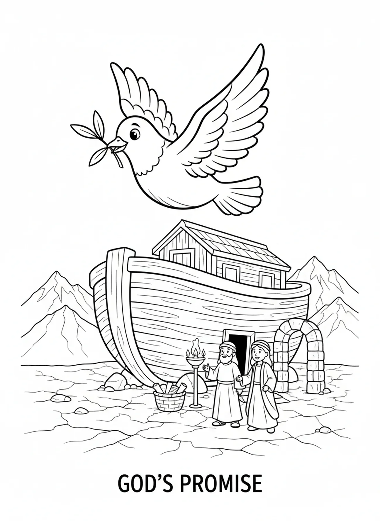 Taube mit einem Olivenzweig, Ausmalbild zum Thema Frieden für die Sonntagsschule für Kinder im Alter von 5-12 Jahren.