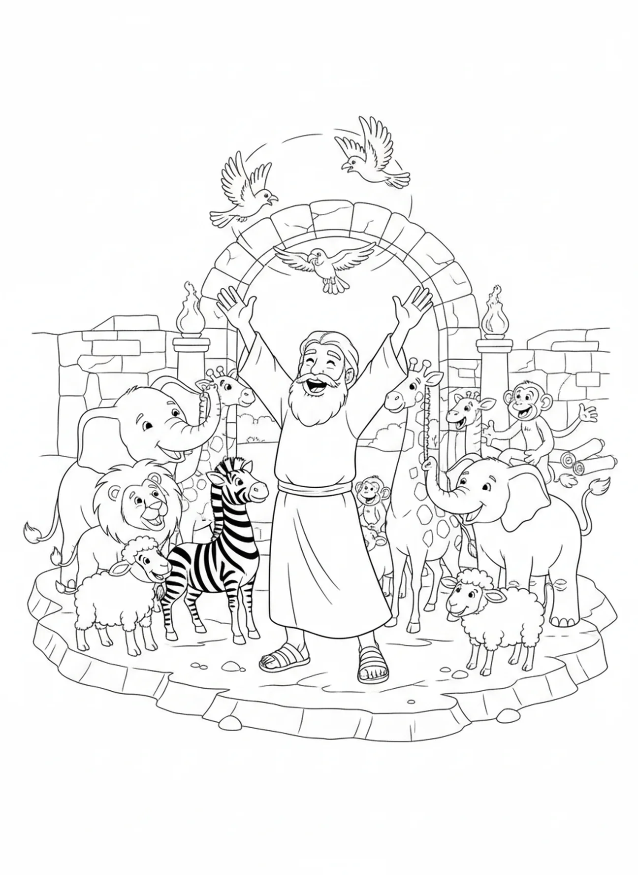 Noah feiert auf festem Boden, Friedensmalvorlage mit Olivenzweig für Kinder im Religionsunterricht im Alter von 5-12 Jahren.