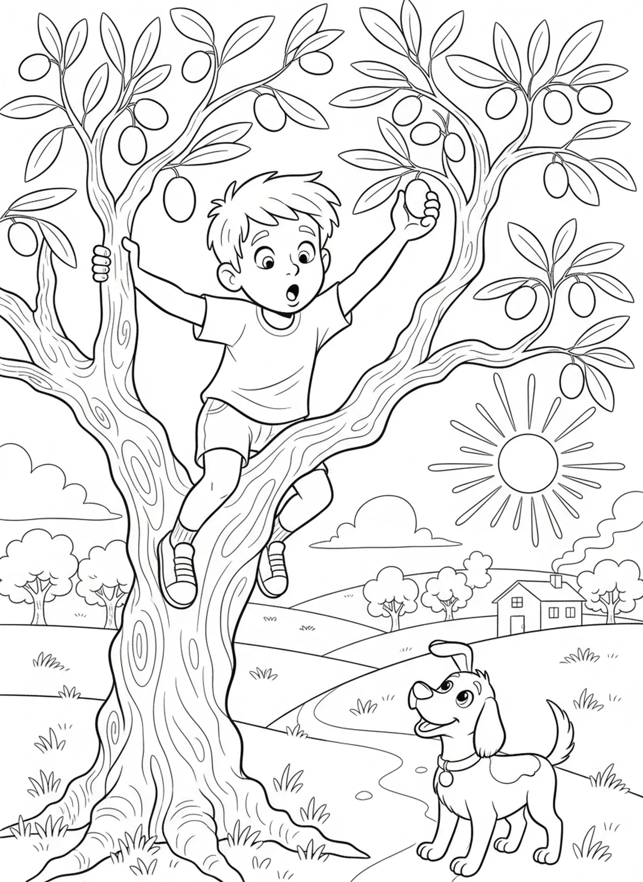 Garçon curieux cueillant des olives, page à colorier sur l'olivier pour les enfants de 5 à 10 ans.