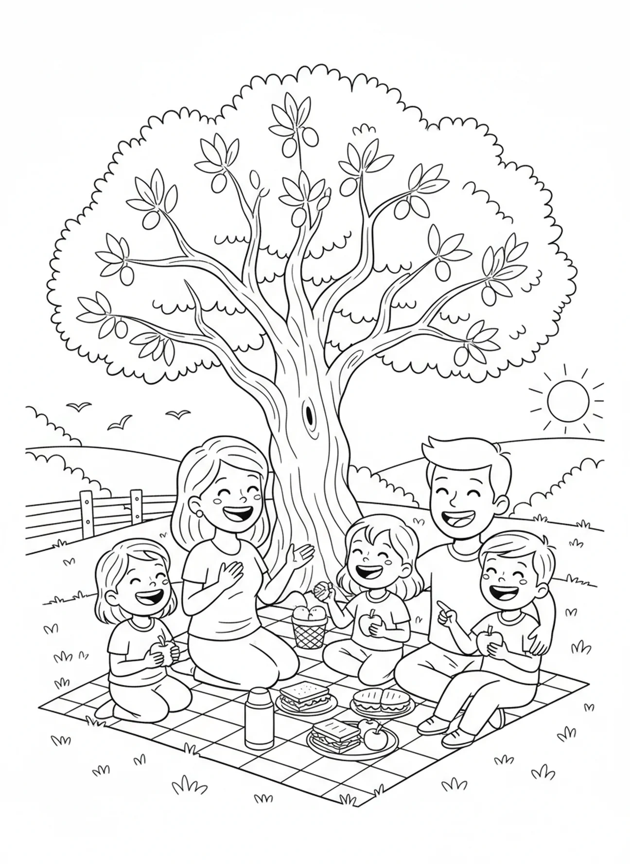 Famille joyeuse sous un olivier, page à colorier sur l'olivier pour les enfants de 5 à 10 ans.