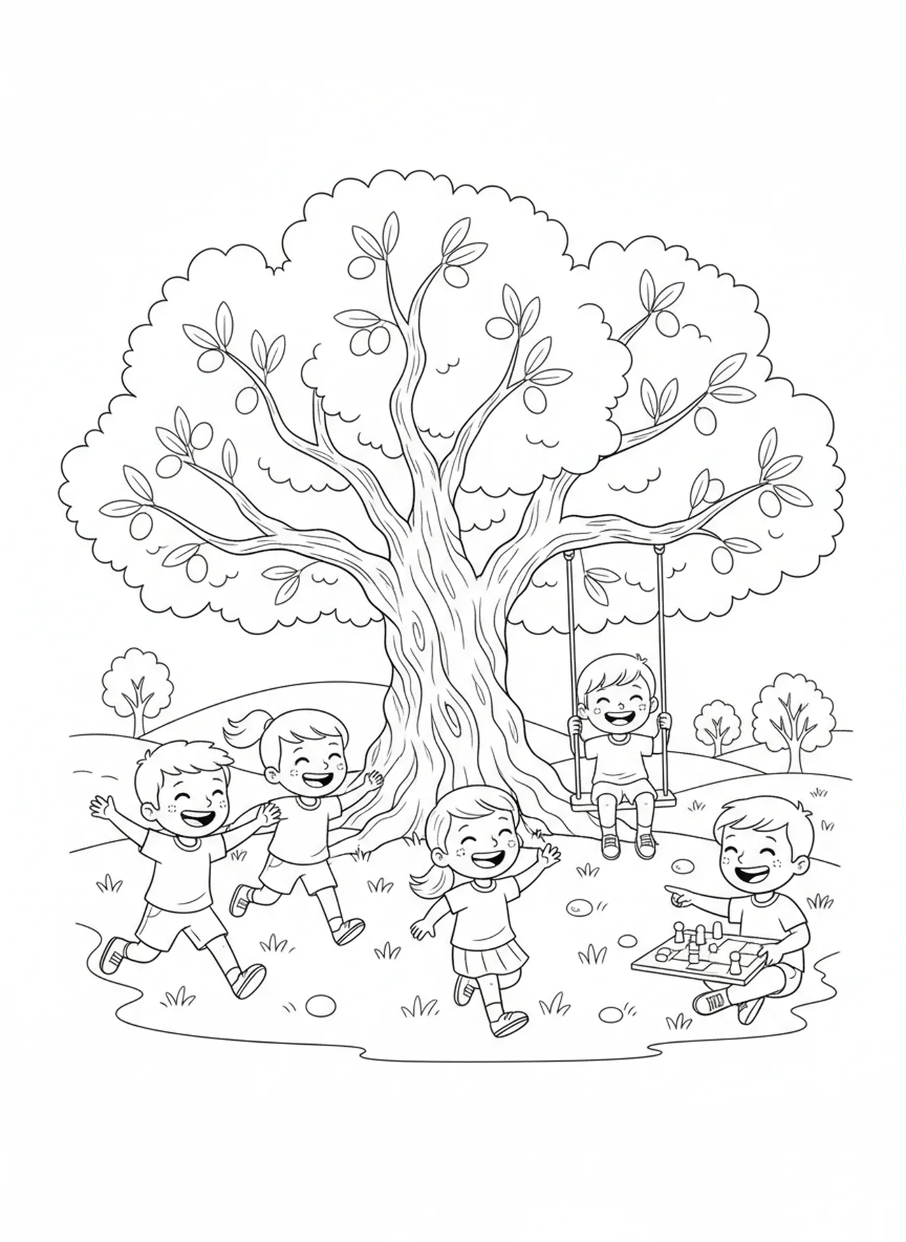 Groupe d'amis jouant autour d'un olivier, page à colorier sur l'olivier pour les enfants de 5 à 10 ans.
