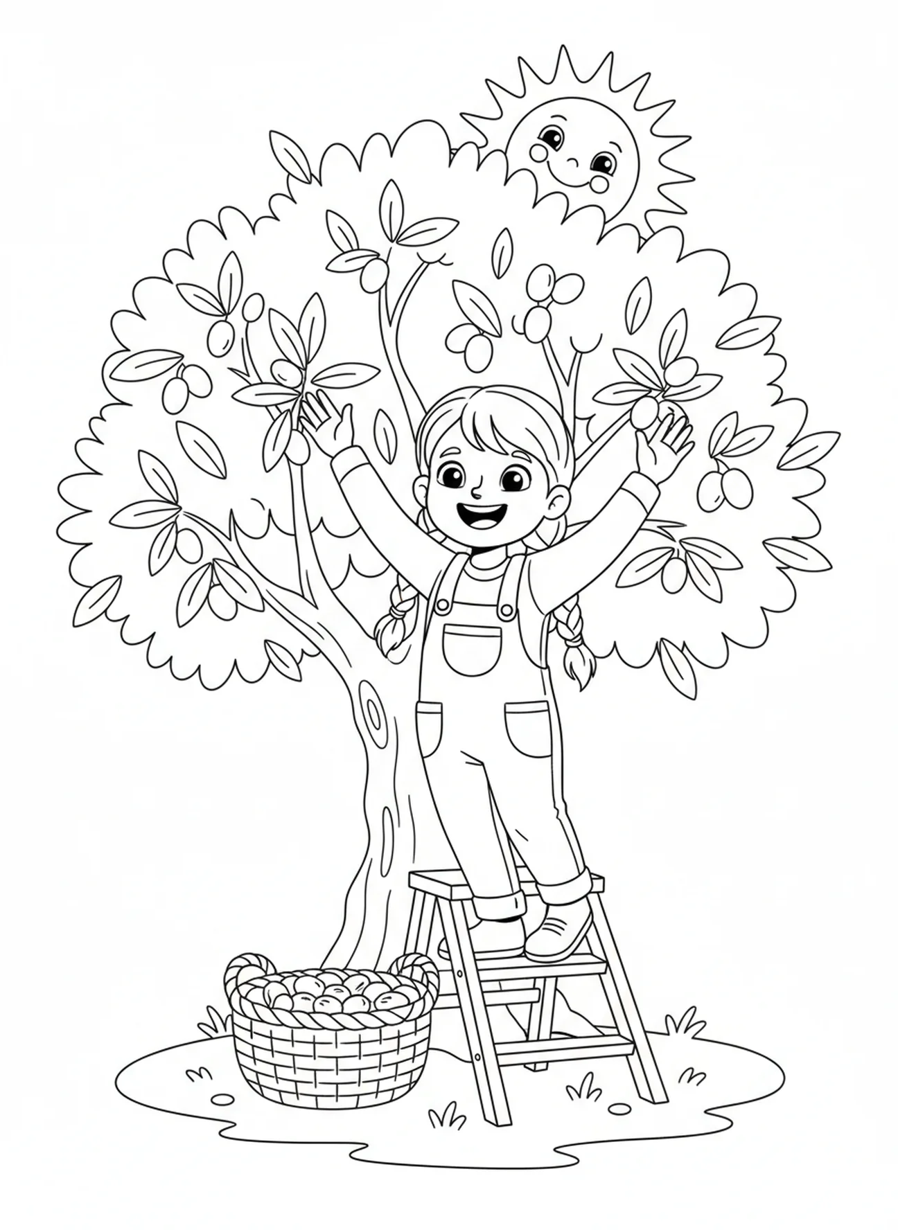 Fille joyeuse récoltant des olives, page à colorier sur l'Olivier pour les enfants de 5 à 10 ans.