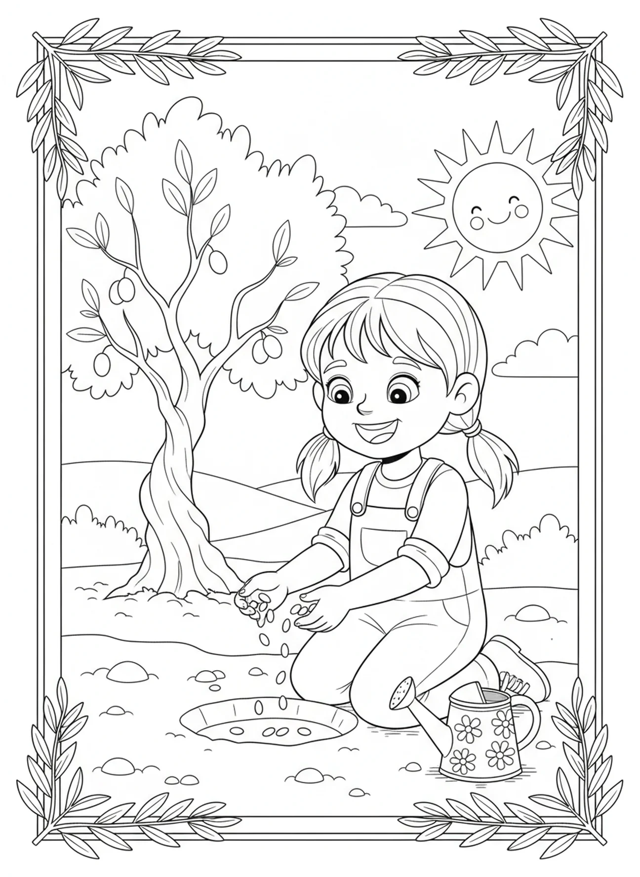Fille heureuse plantant des graines d'olivier, page à colorier sur l'olivier pour les enfants de 5 à 10 ans.