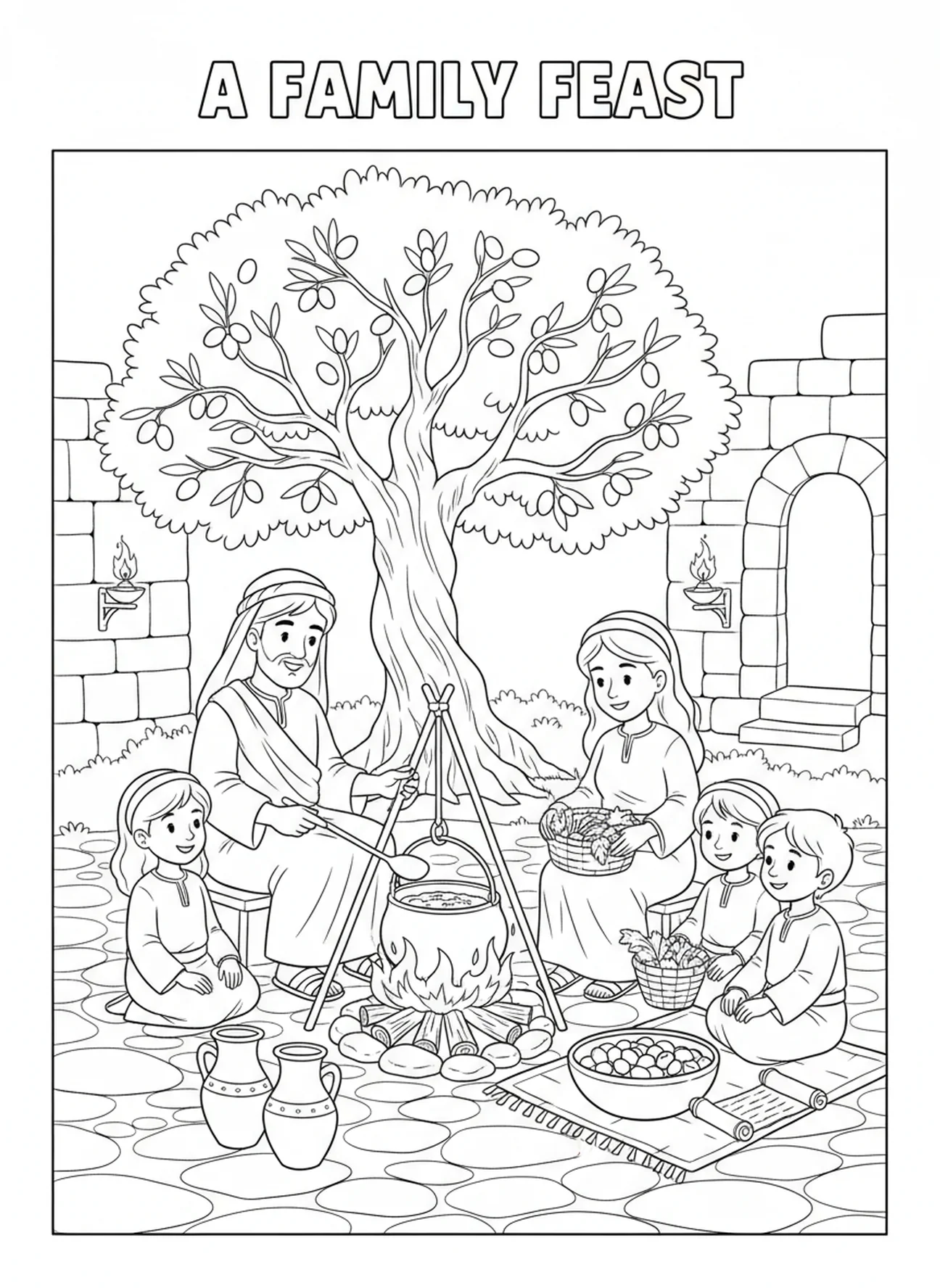 Família cozinhando com azeitonas, página de colorir da Oliveira para crianças da Escola Dominical de 5 a 12 anos.