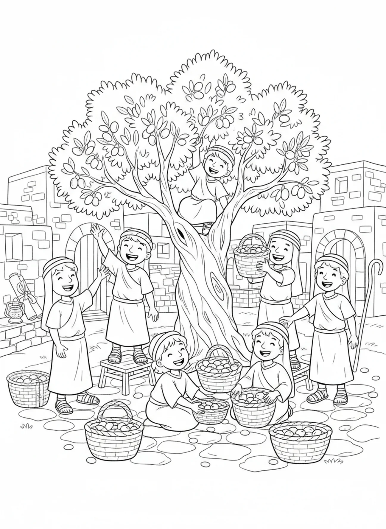 Ceifadores colhendo azeitonas, página para colorir da Oliveira para crianças da Escola Dominical de 5 a 12 anos.