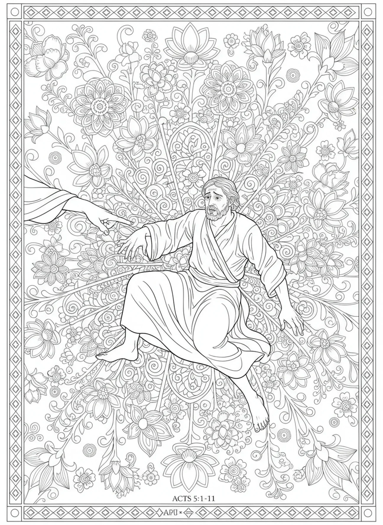 Ananias fällt zu Boden, Ausmalbild von Ananias und Sapphira im Stil des Bibel-Journalings für Erwachsene.