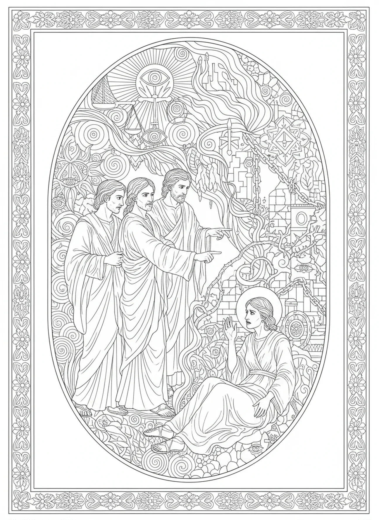 Die Apostel konfrontieren Ananias und Sapphira, Ausmalbild für Erwachsene im Stil des Bibel-Journalings.