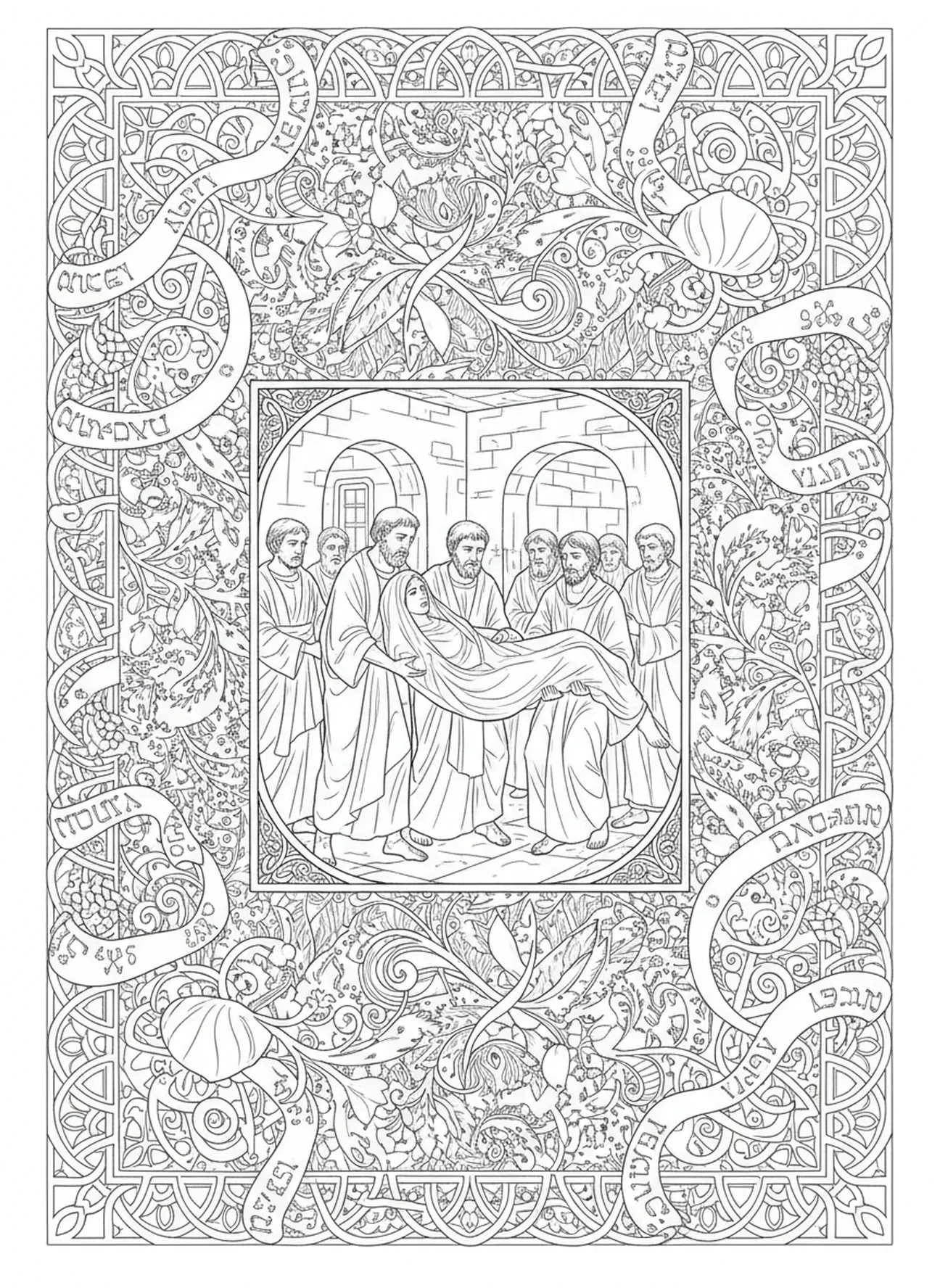 Die Apostel beerdigen Sapphira, Ausmalbild von Ananias und Sapphira im Stil des Bibel-Journalings für Erwachsene.