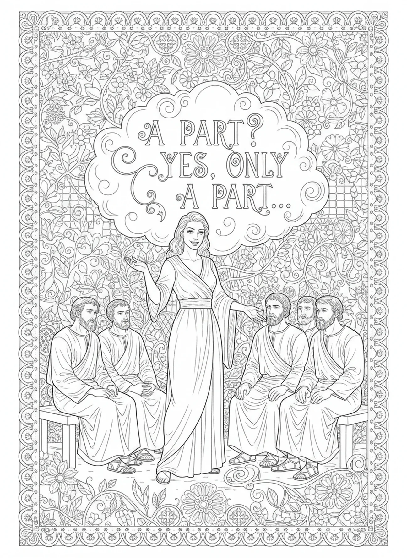 Sapphira spricht zu den Aposteln, Ausmalbild Ananias und Sapphira für Erwachsene im Stil des Bibel-Journalings.
