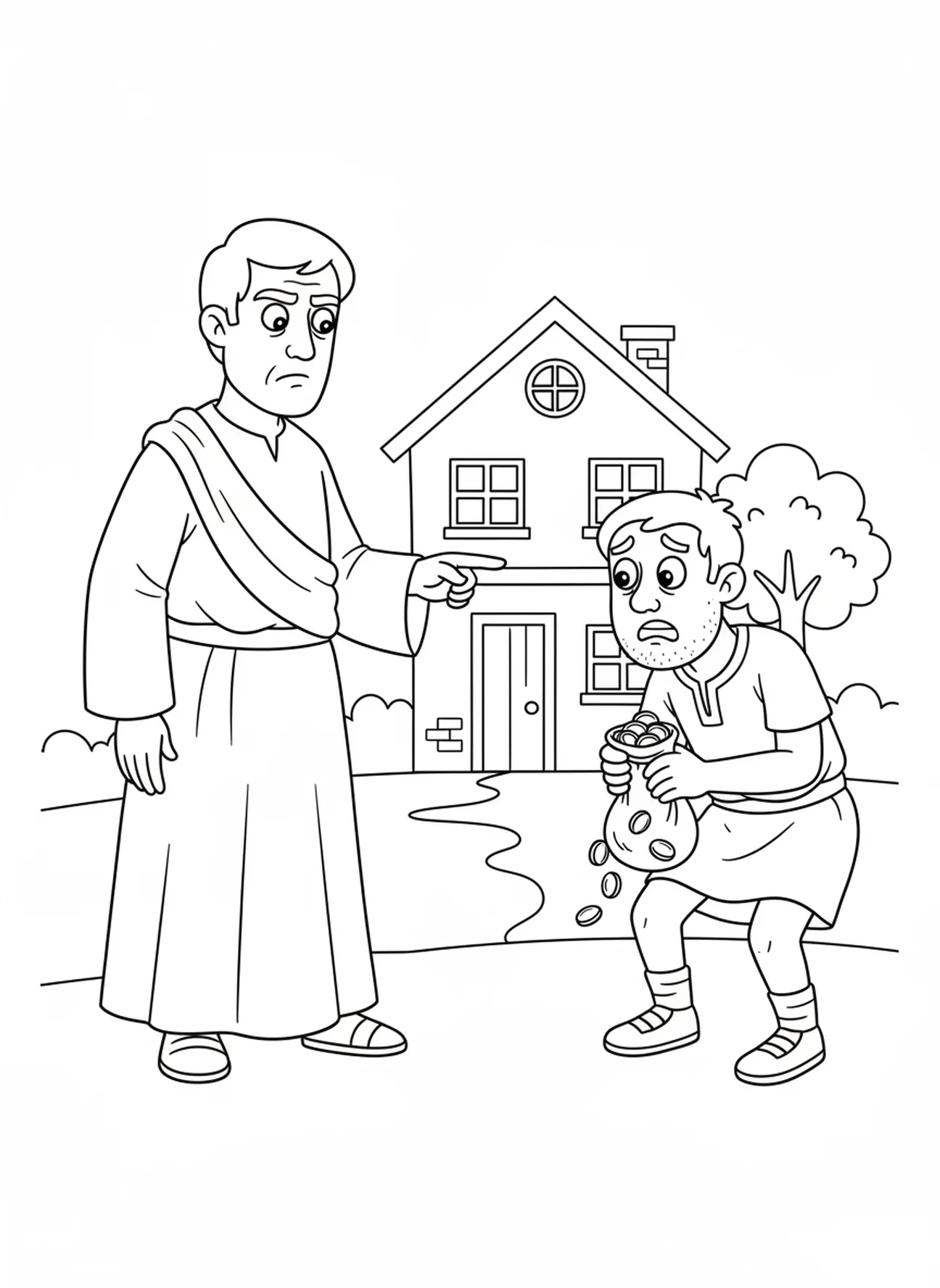 Pedro confrontando Ananias, página de colorir de Ananias e Safira para crianças de 5 a 10 anos.