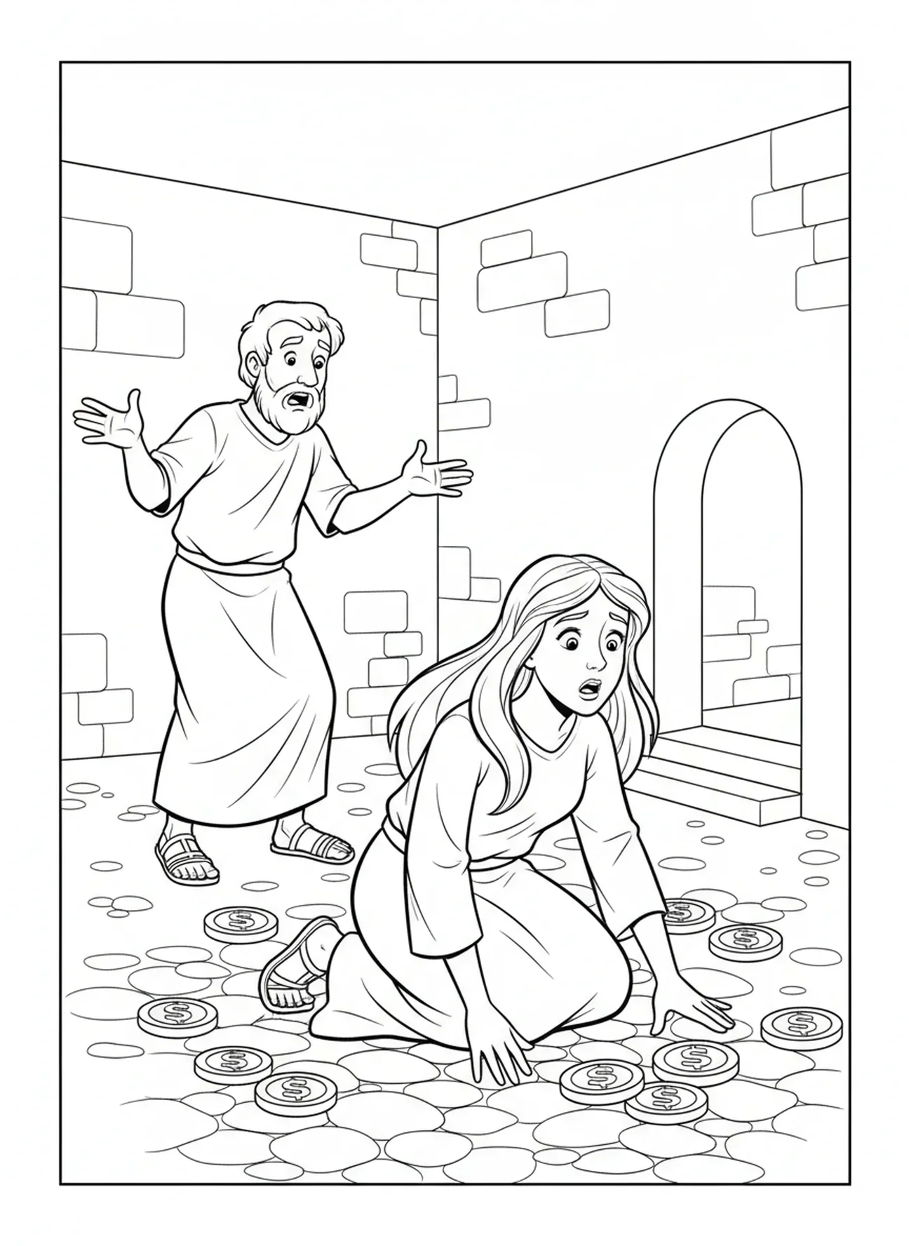 Safira desmaiando, página para colorir Ananias e Safira para crianças de 5 a 10 anos.