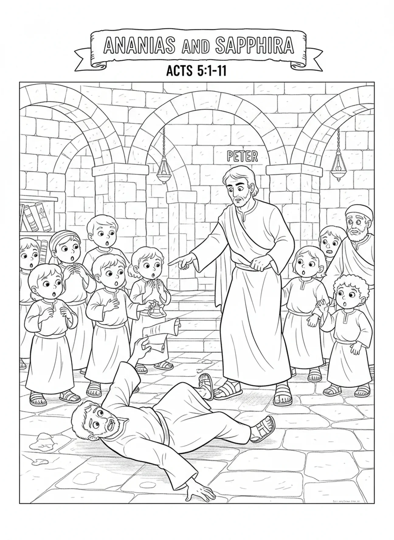 Ananias desmaiando em choque, página de colorir Ananias e Safira para crianças da Escola Dominical de 5 a 12 anos.