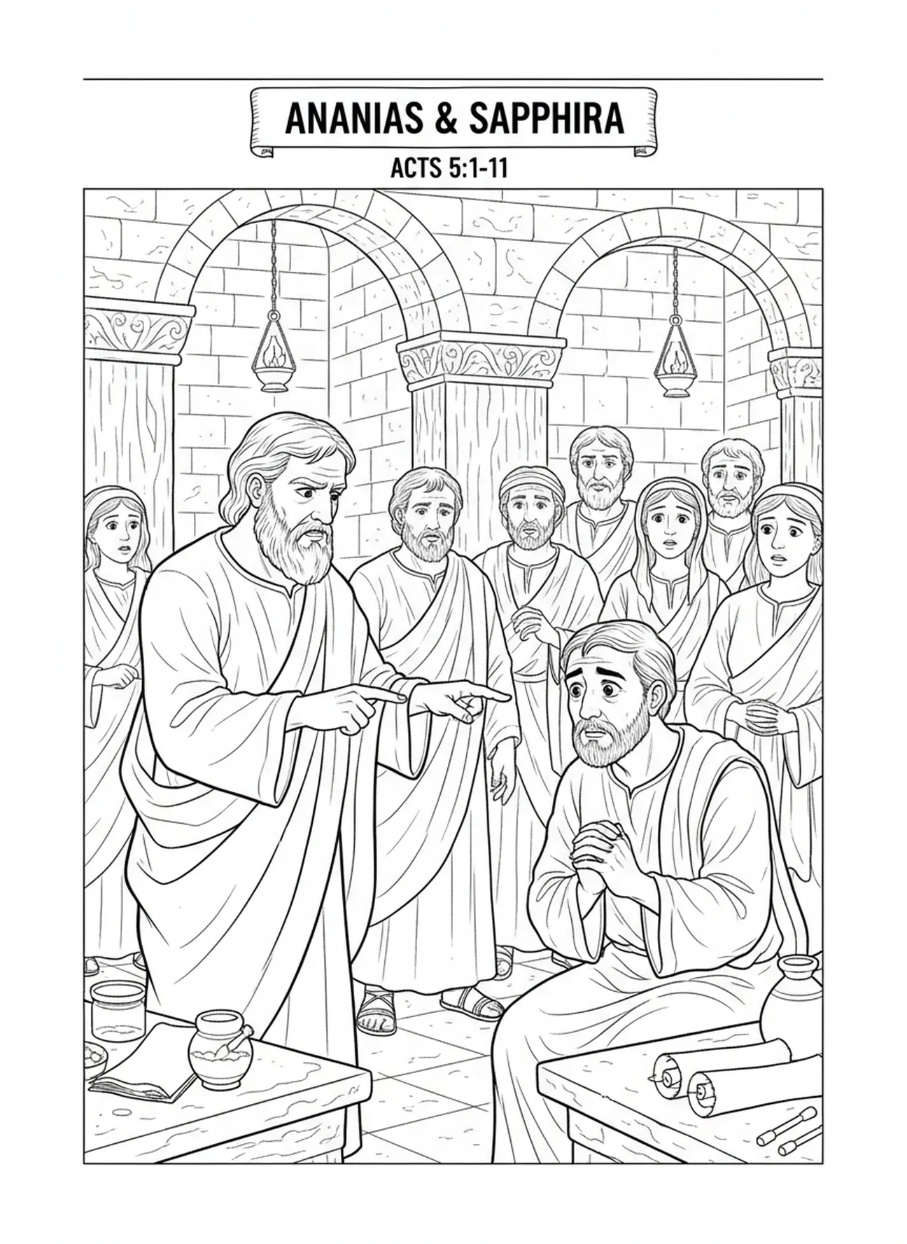 Pedro questionando Ananias, página para colorir sobre Ananias e Safira para crianças da Escola Dominical de 5 a 12 anos.